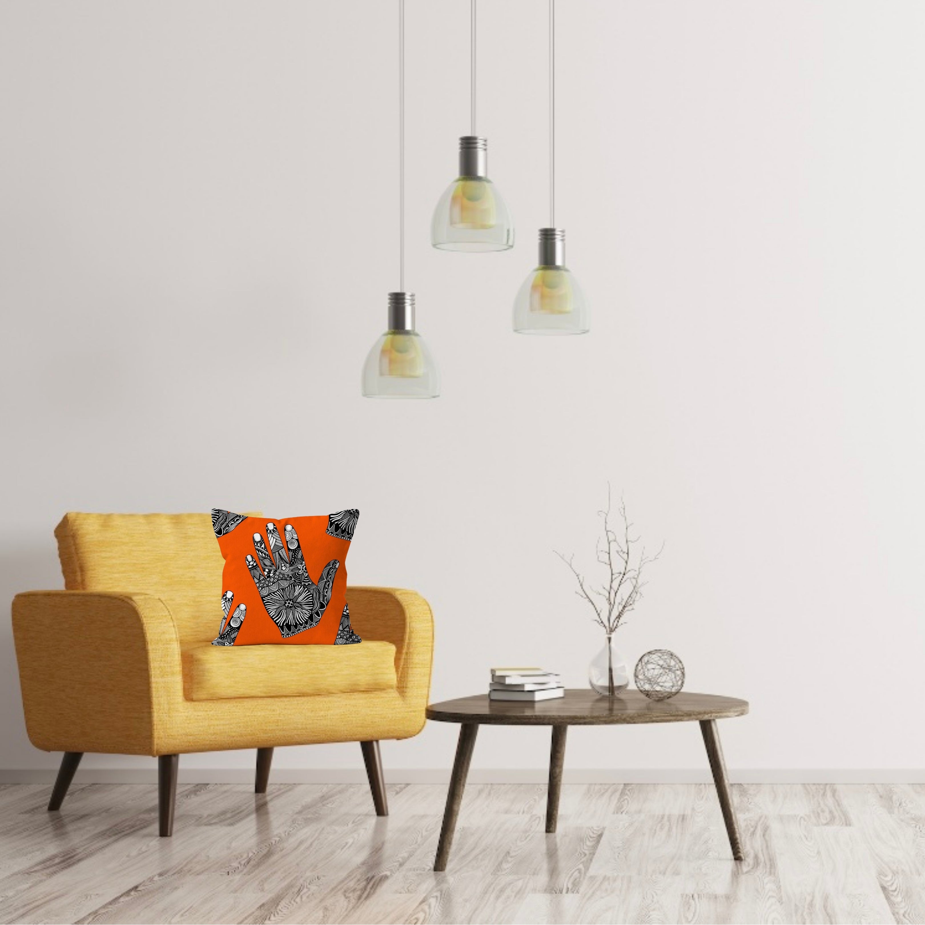 Beautiful Zentangle Drawings of Hands on a Vivid Orange Printed Cushion and Pad