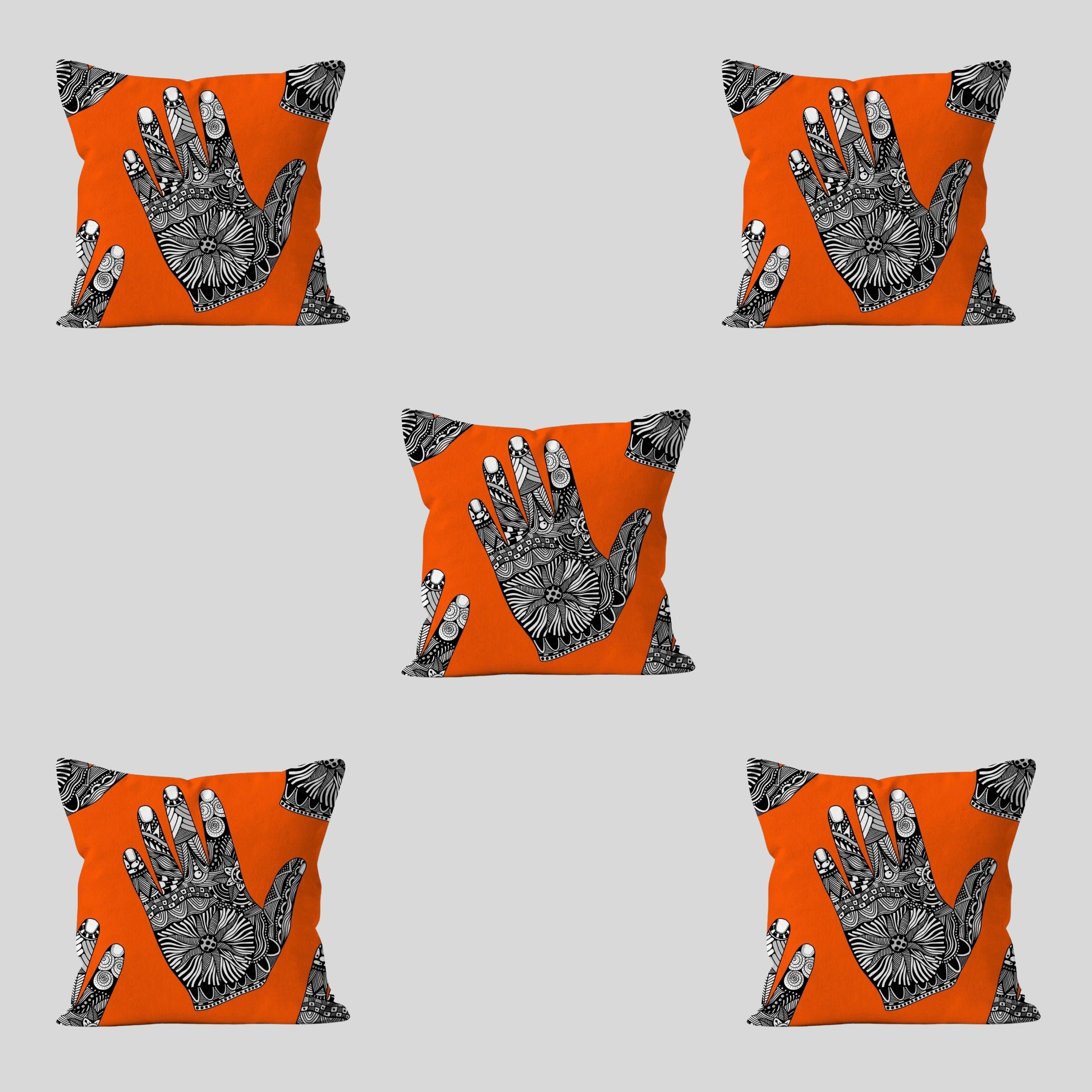 Beautiful Zentangle Drawings of Hands on a Vivid Orange Printed Cushion and Pad