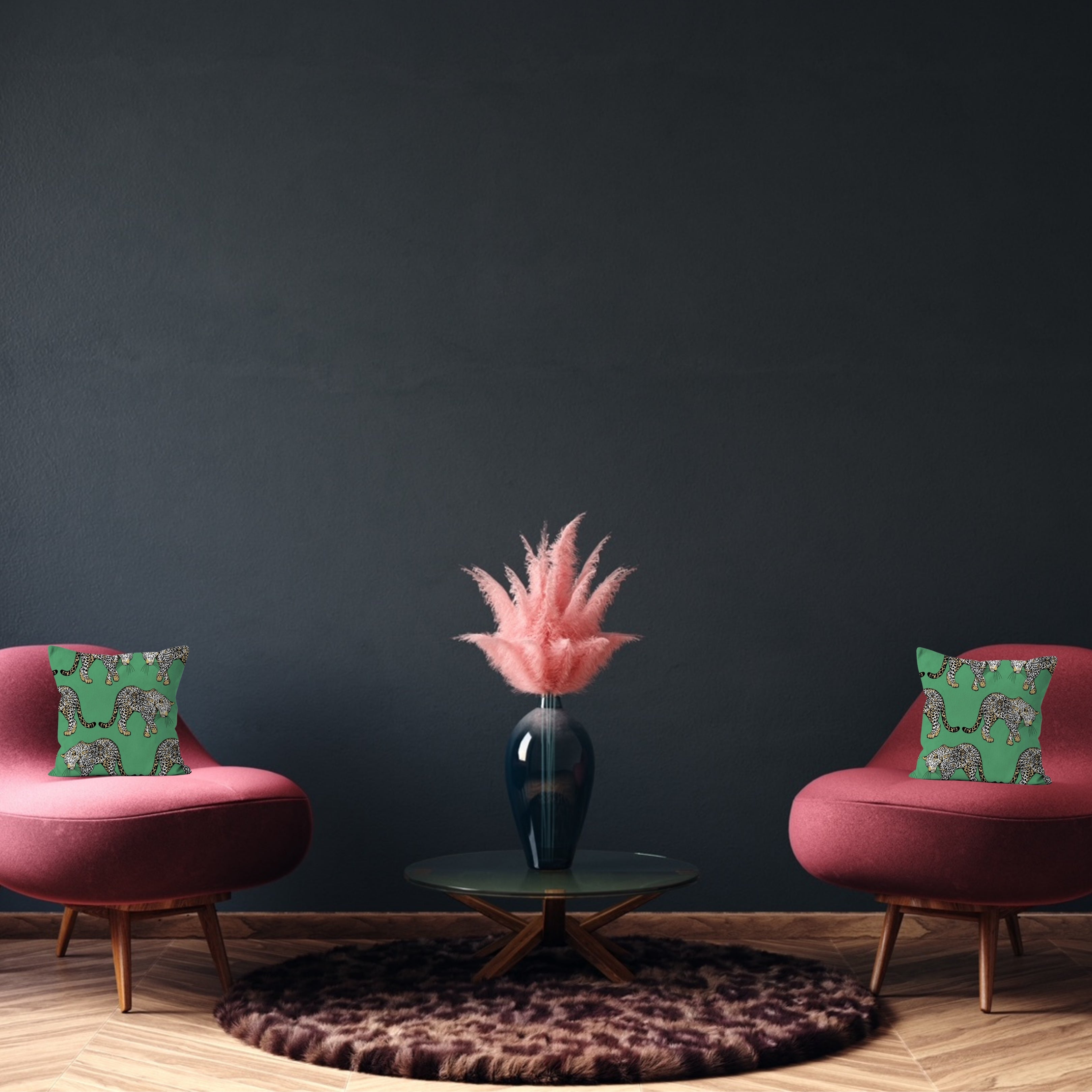 Beautiful and Majestic Leopards on a Green Background Print on a Cushion with Pad