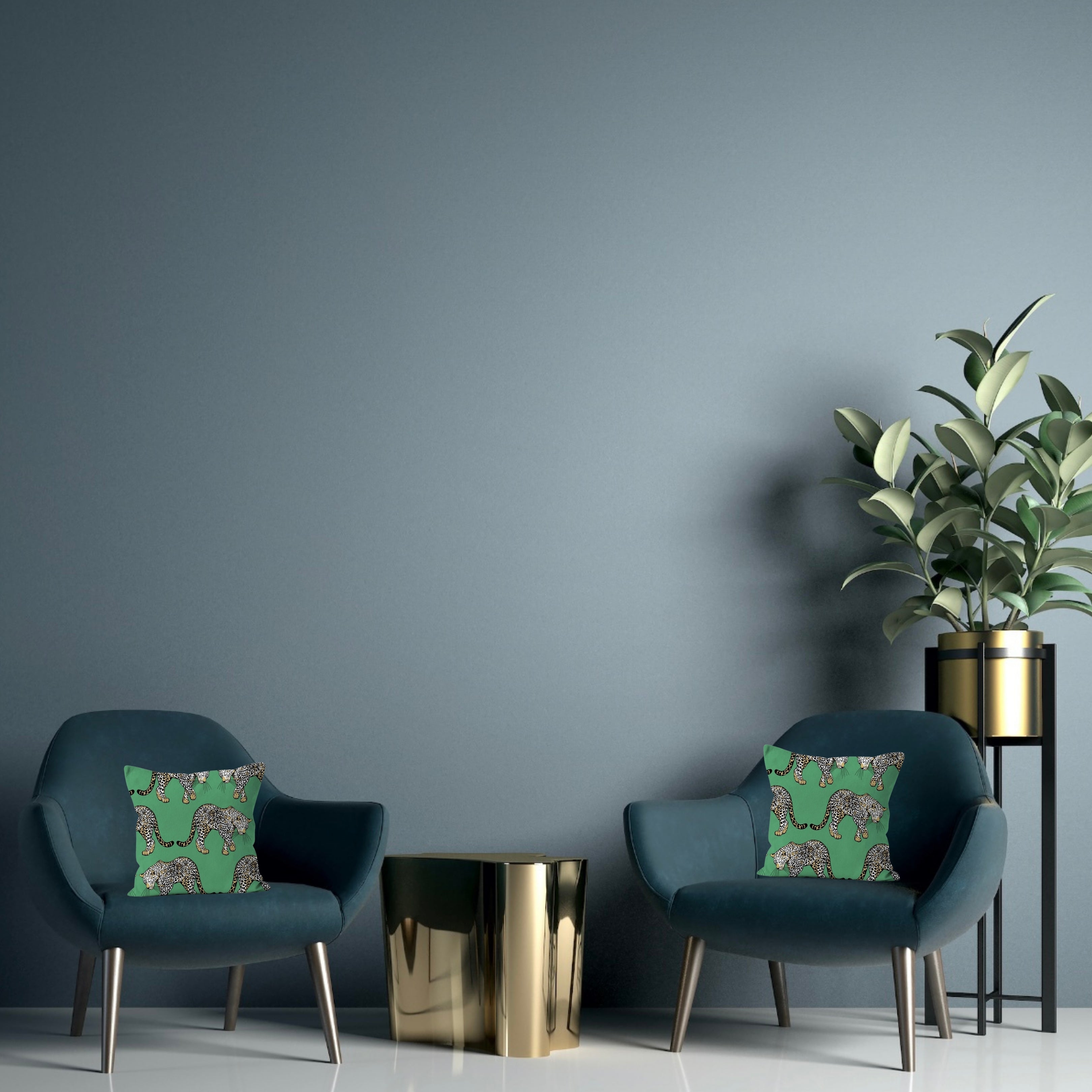 Beautiful and Majestic Leopards on a Green Background Print on a Cushion with Pad