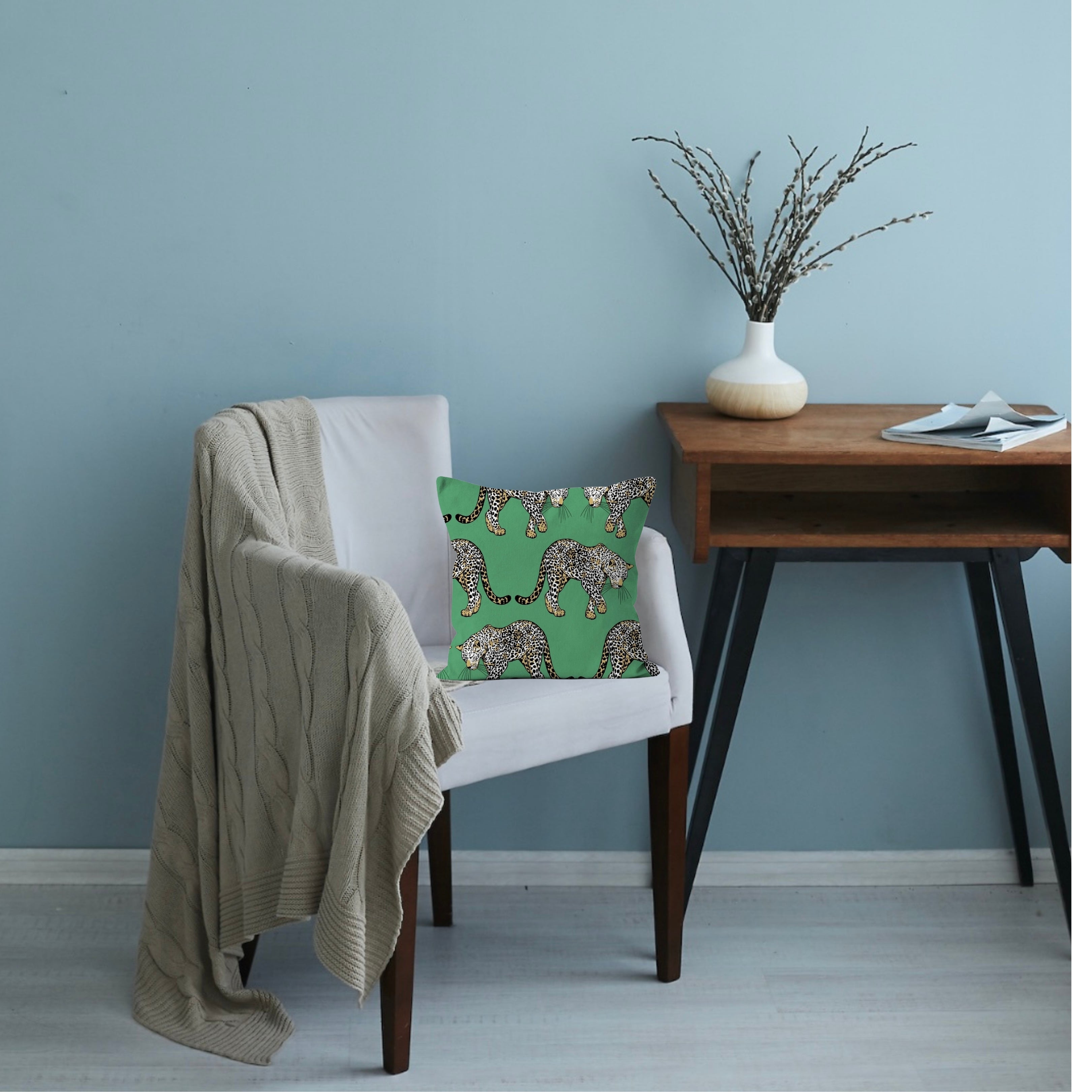 Beautiful and Majestic Leopards on a Green Background Print on a Cushion with Pad