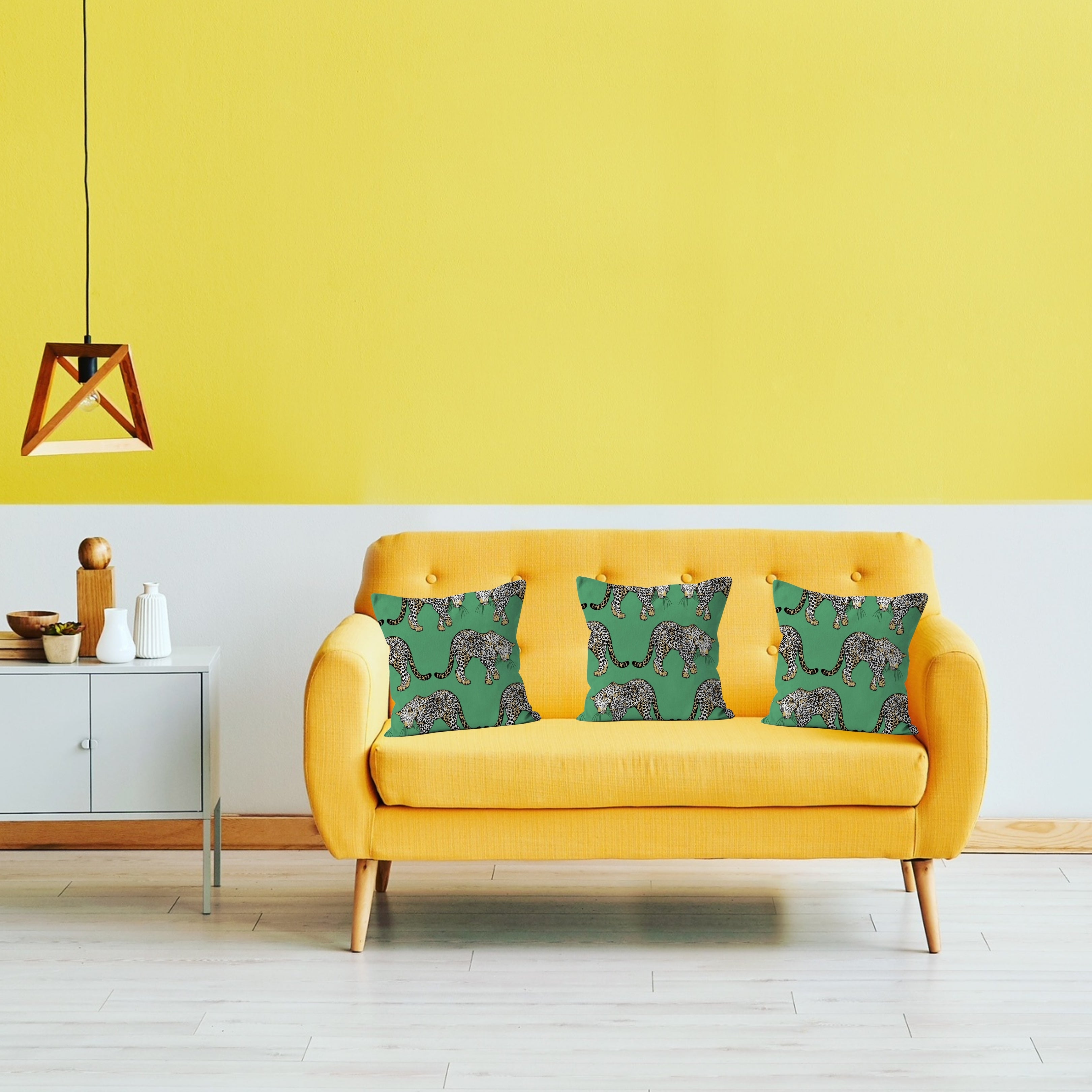 Beautiful and Majestic Leopards on a Green Background Print on a Cushion with Pad