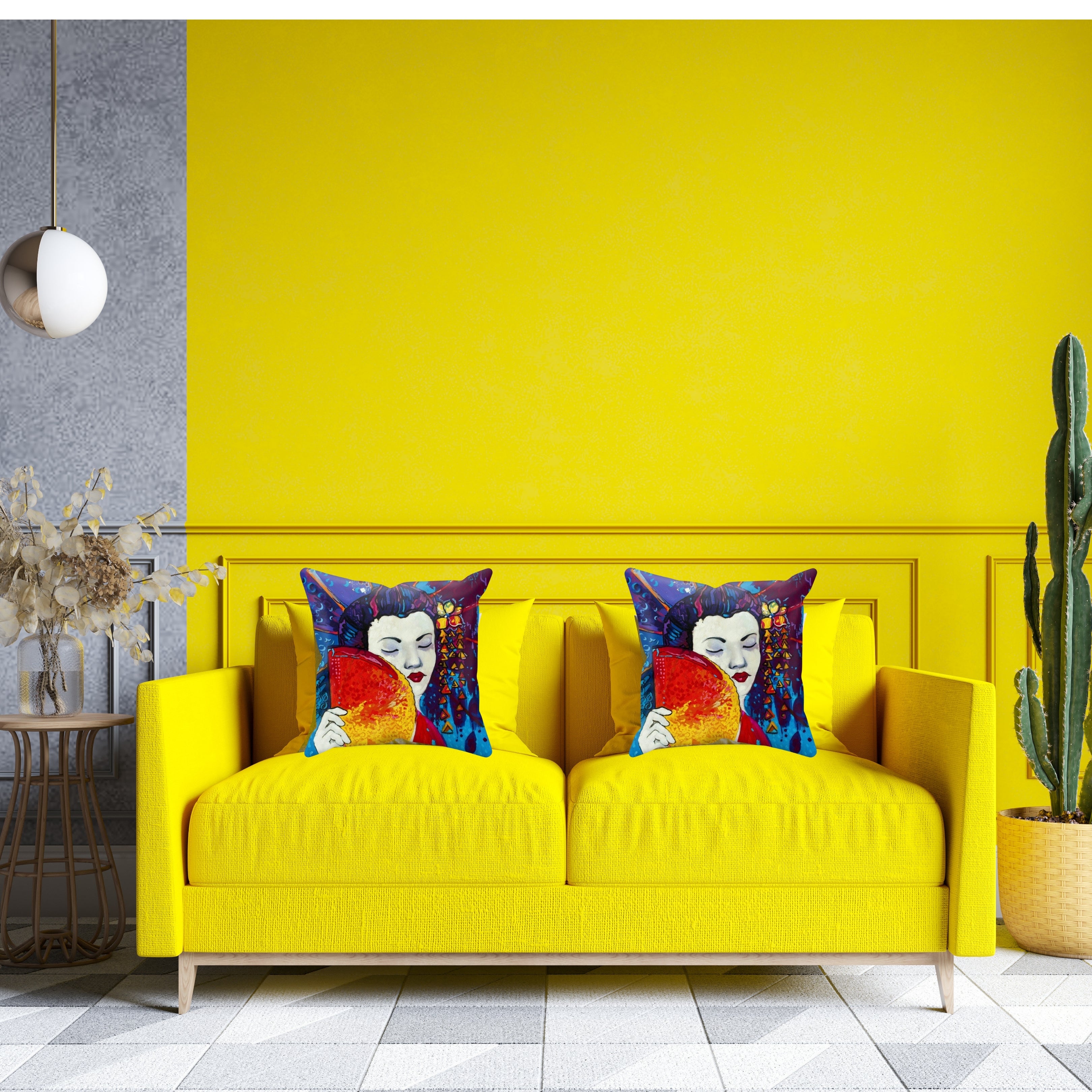 Japanese Geisha with a Fan Print on Cushion Cover with Inner