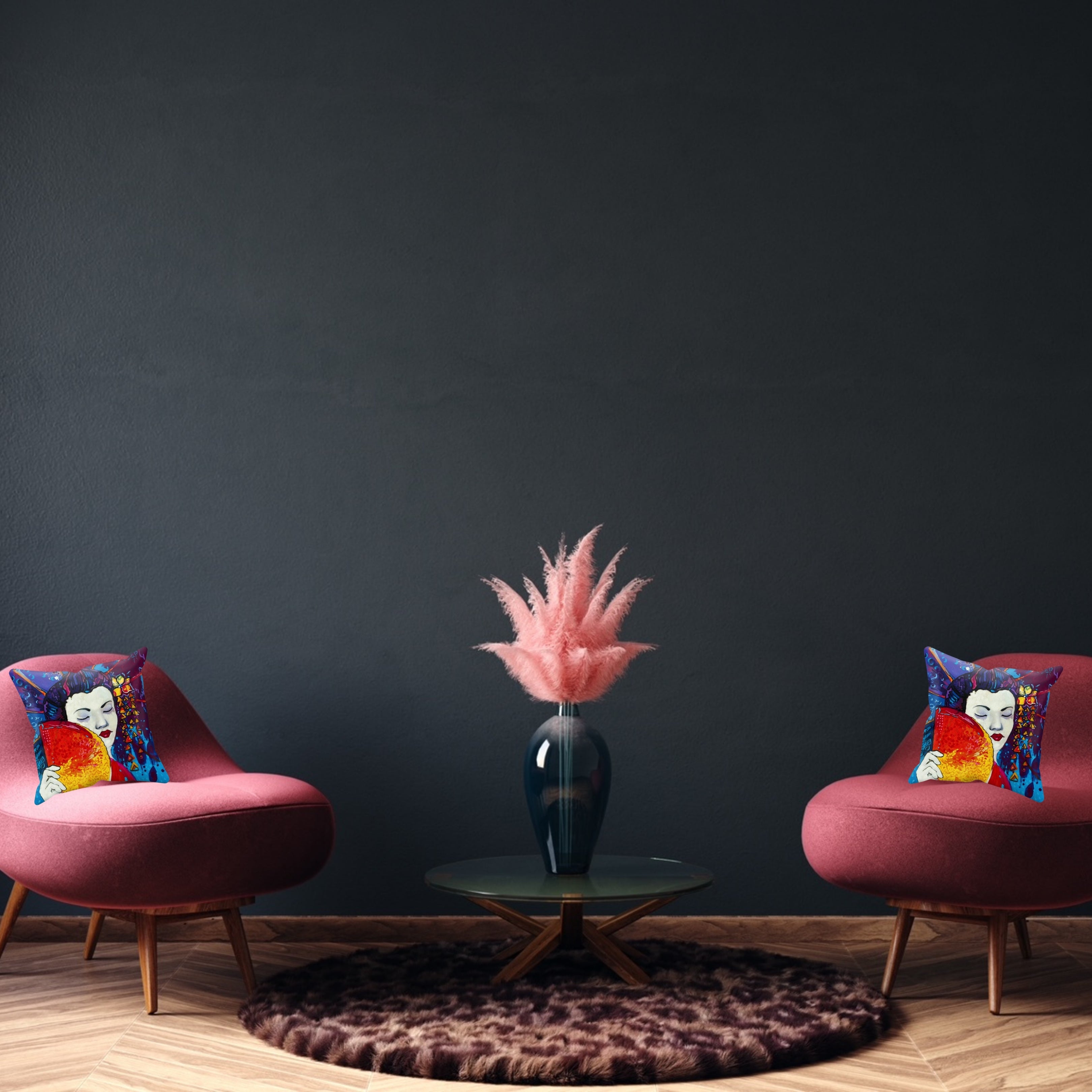 Japanese Geisha with a Fan Print on Cushion Cover with Inner