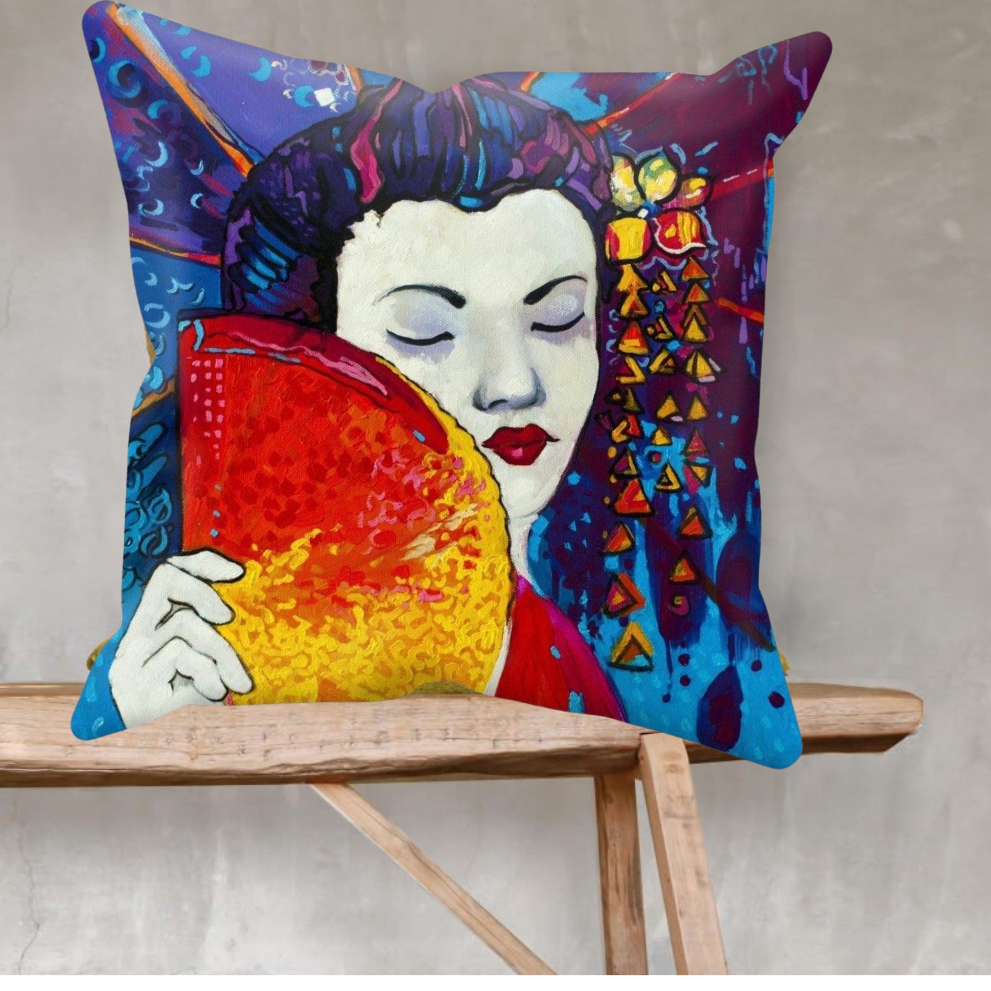 Japanese Geisha with a Fan Print on Cushion Cover with Inner