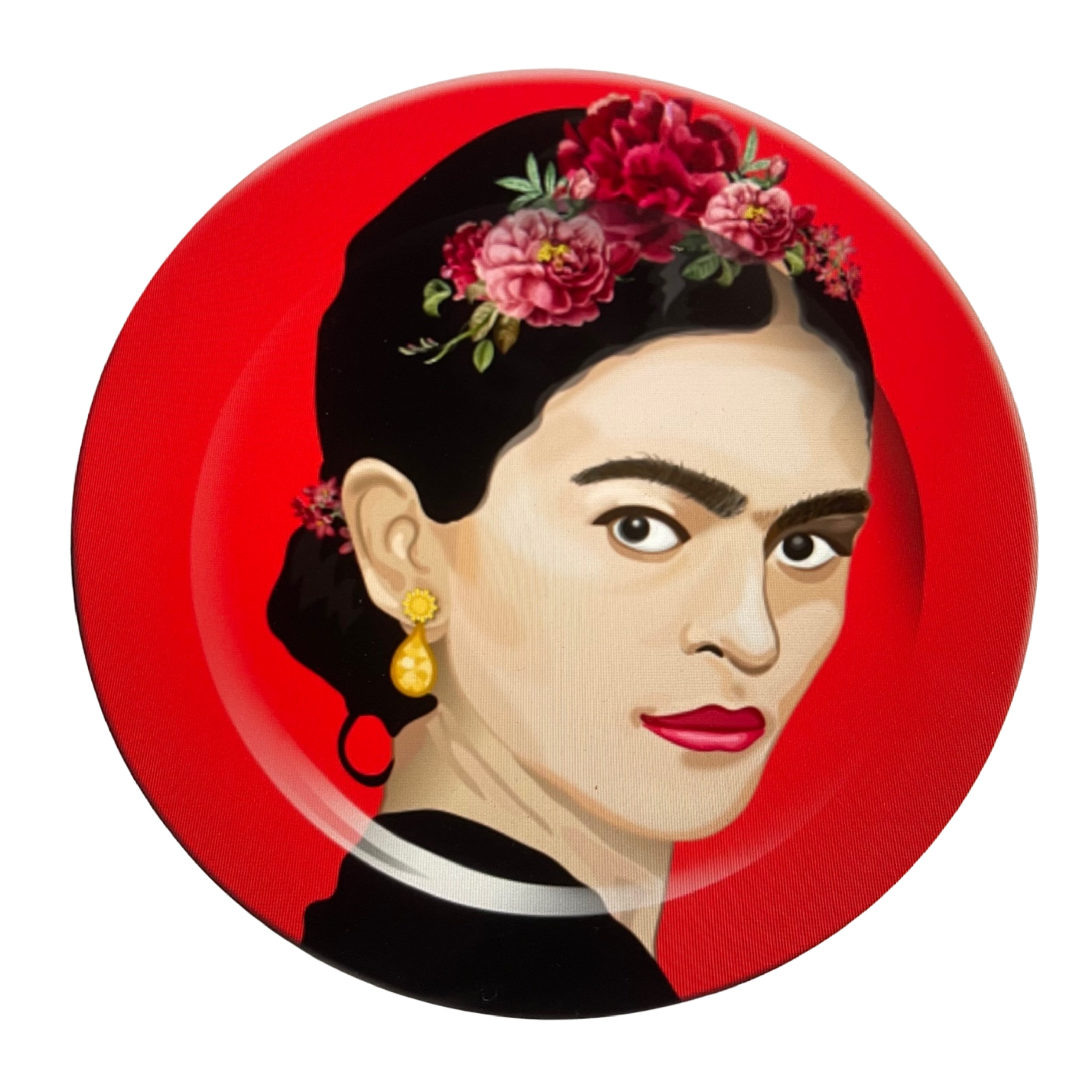 Frida Kahlo Inspired Illustration with a red background on Decorative Plates