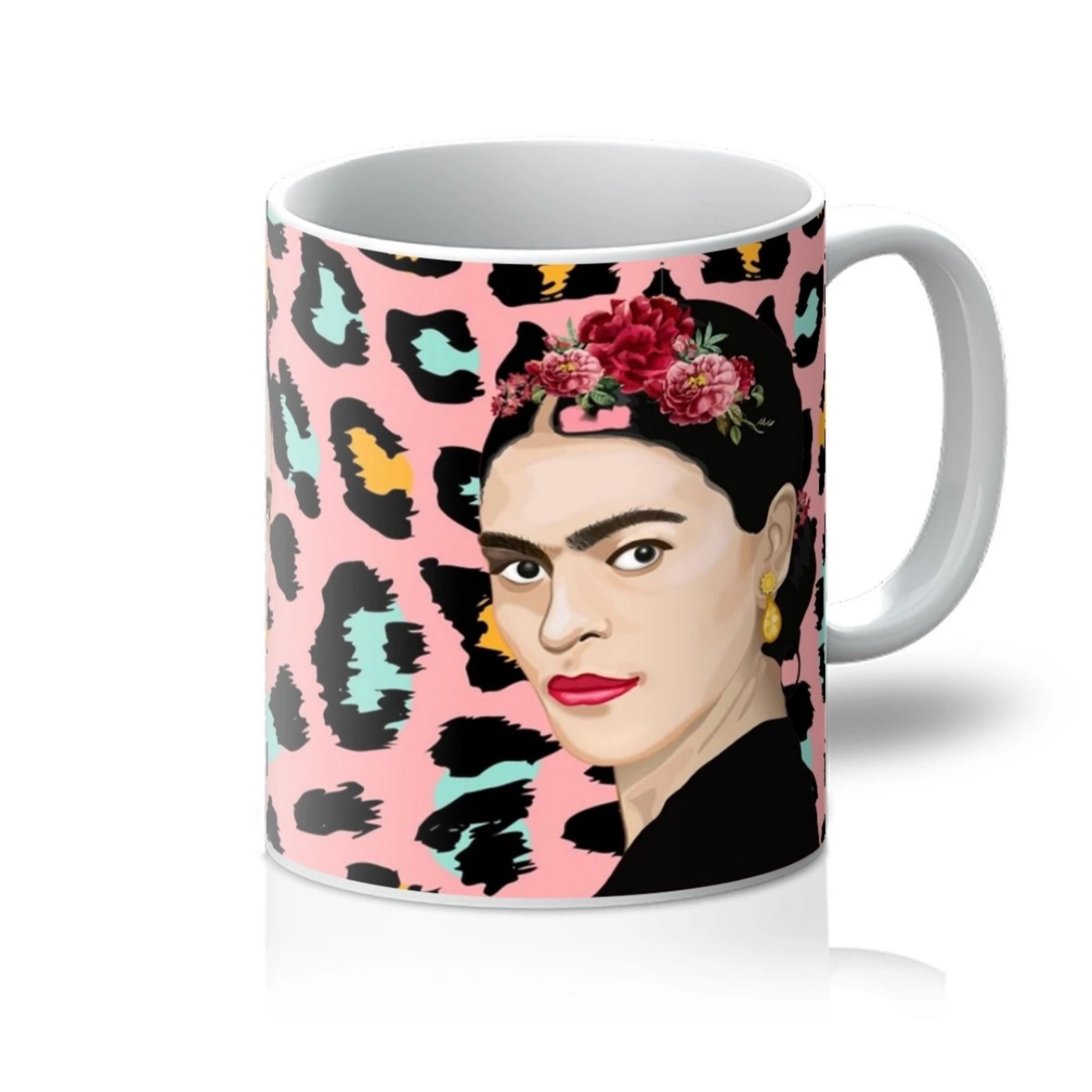 Frida Kahlo Inspired Illustration with leopard background on a Mug