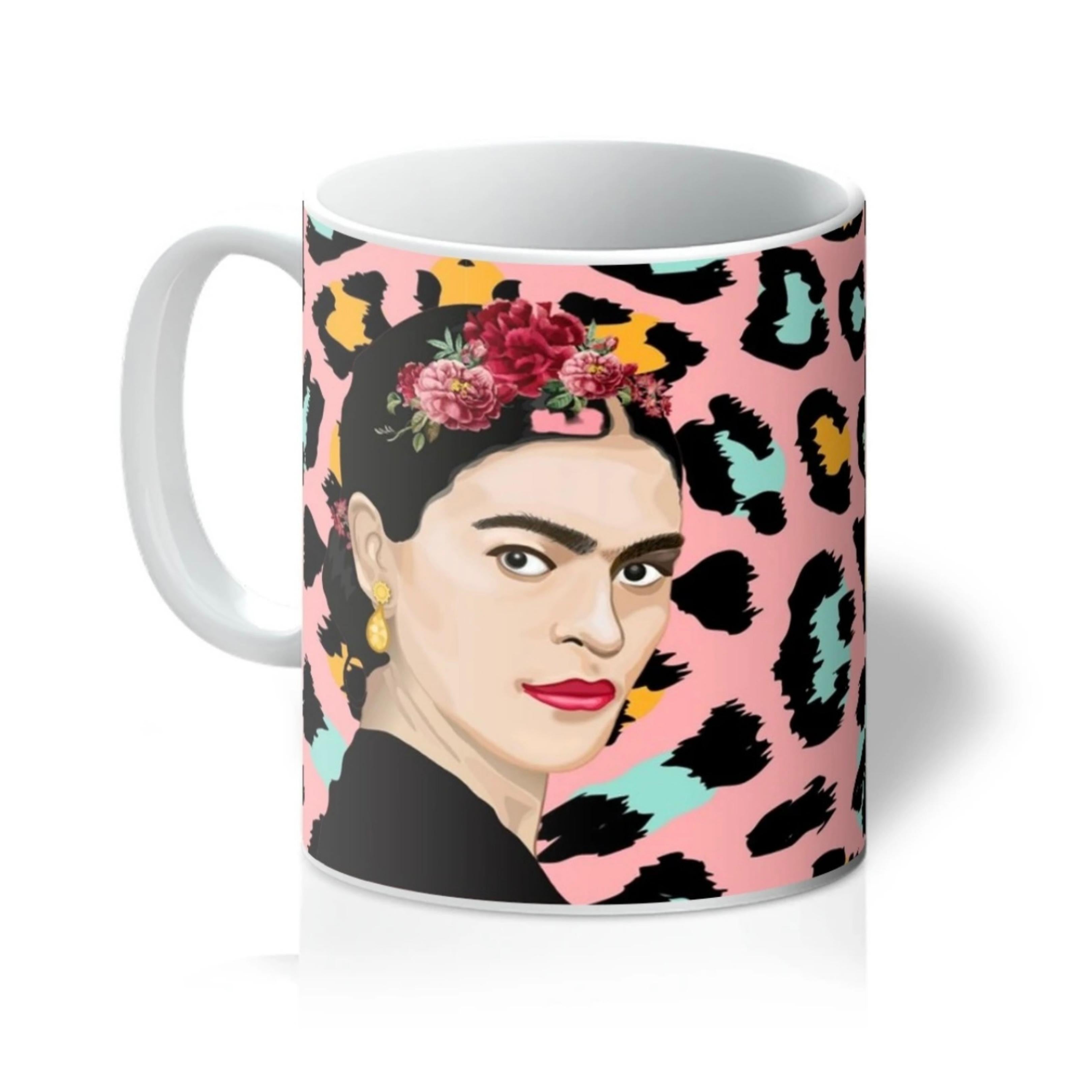Frida Kahlo Inspired Illustration with leopard print background on a Mug
