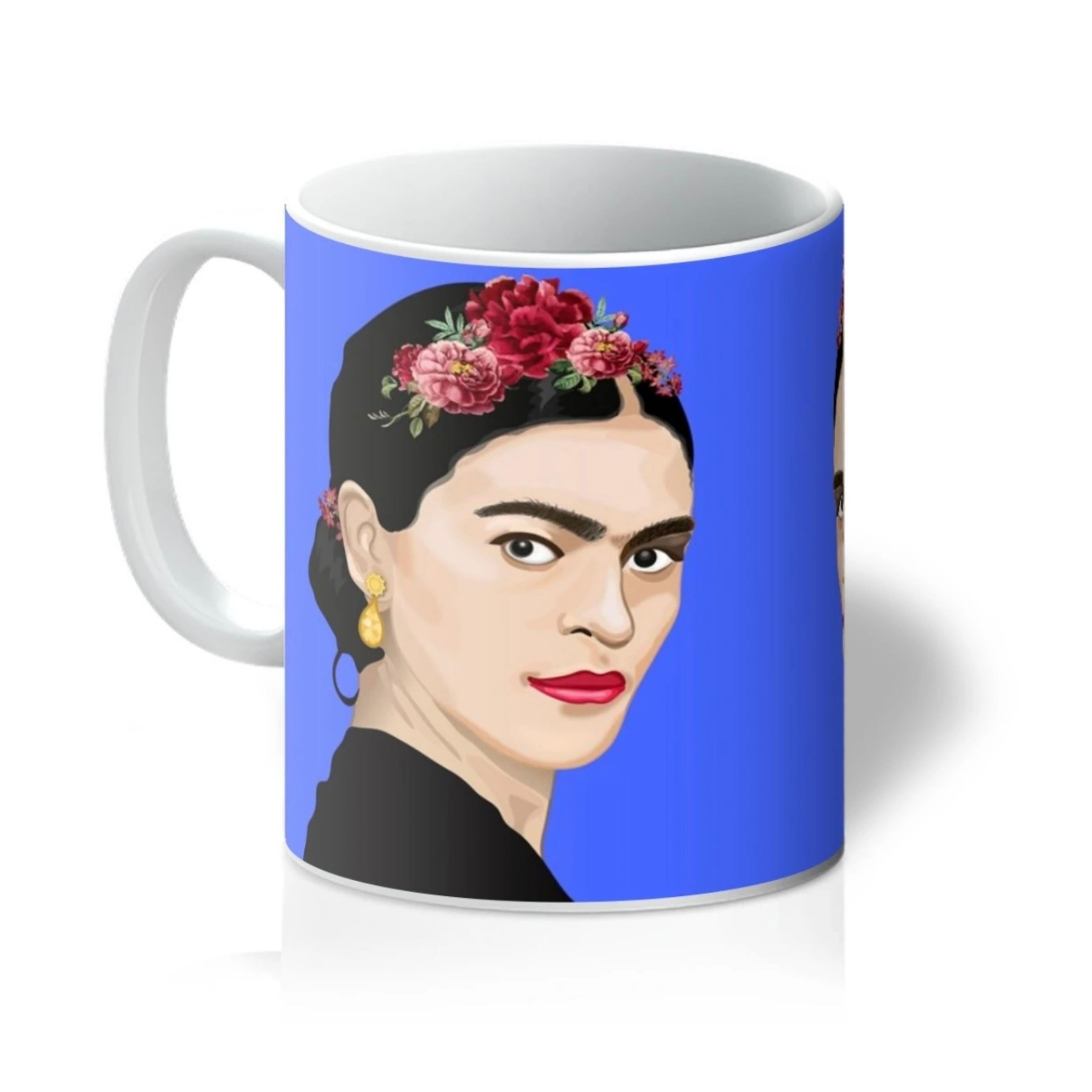 Frida Kahlo Inspired Illustration with blue background on a Mug
