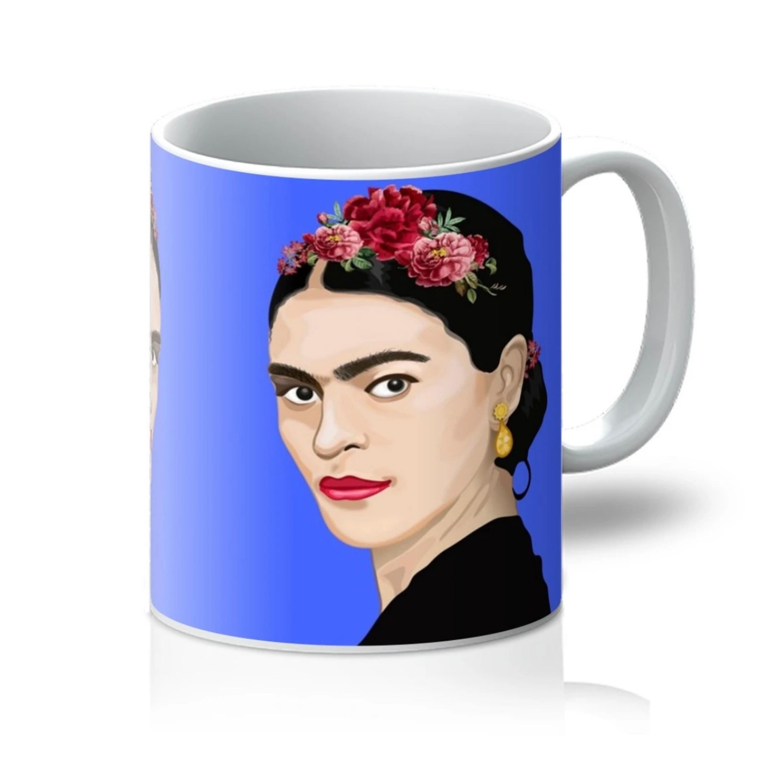 Frida Kahlo Inspired Illustration with blue background on a Mug