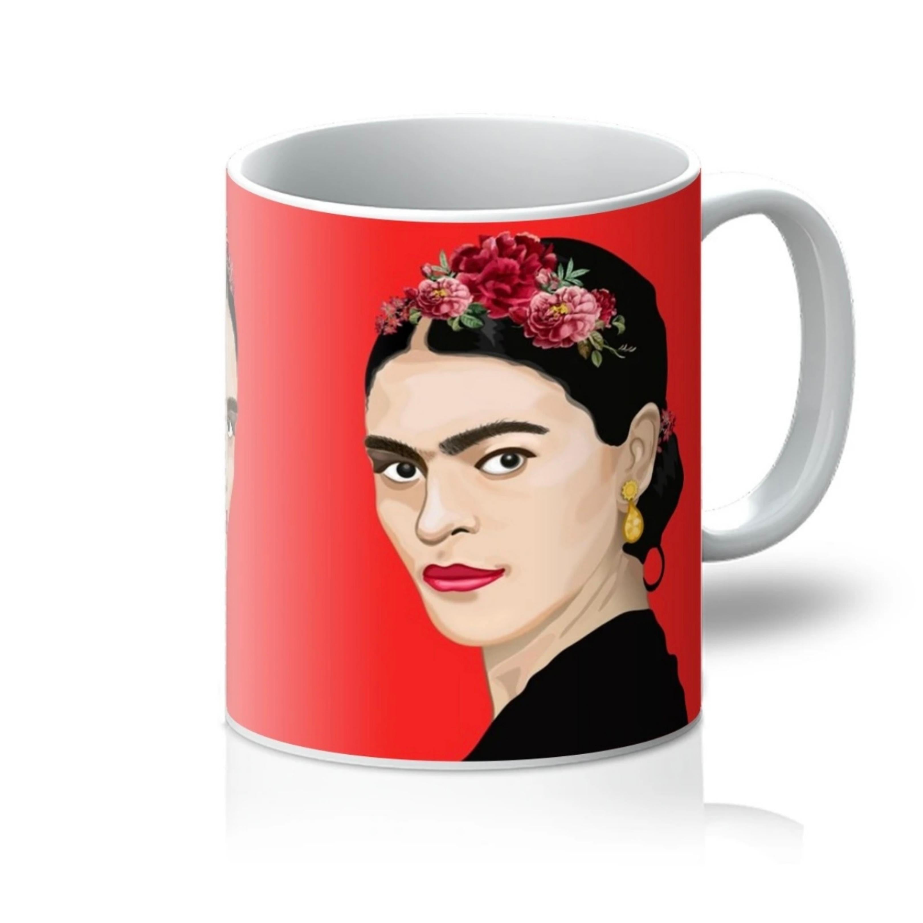 Frida Kahlo Inspired Illustration with red background on a Mug