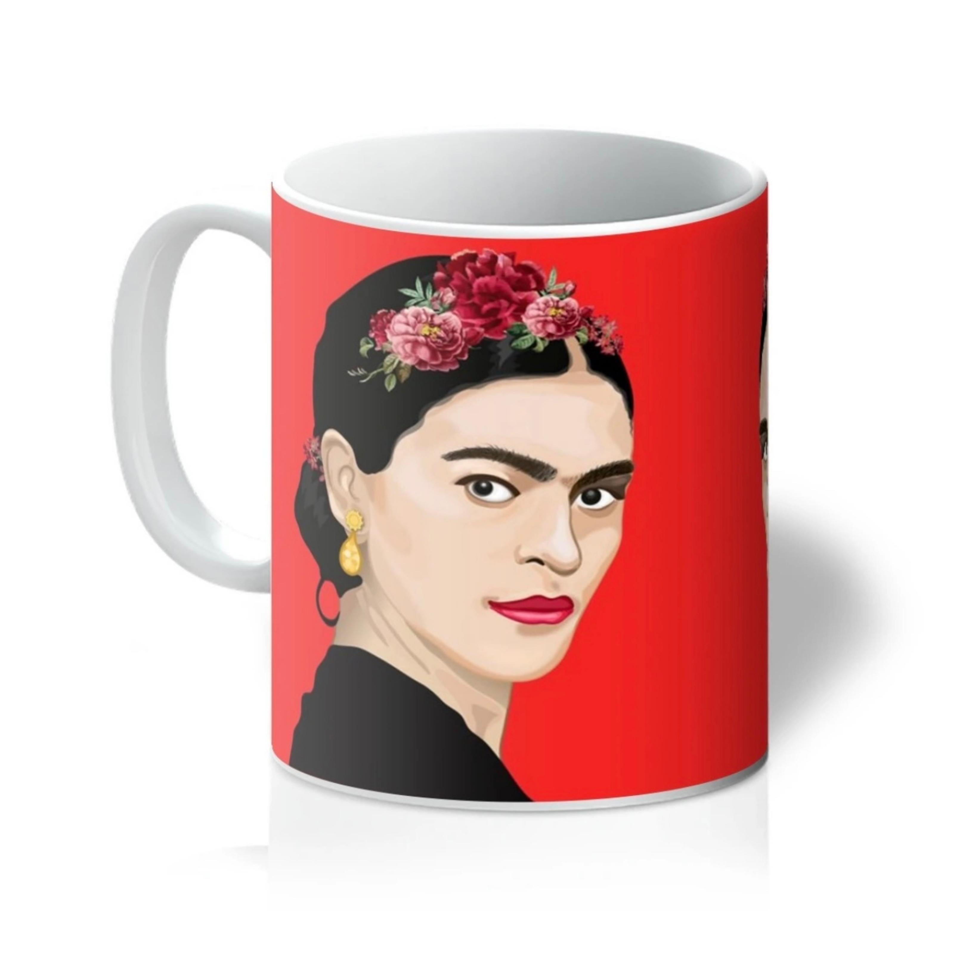 Frida Kahlo Inspired Illustration with red background on a Mug
