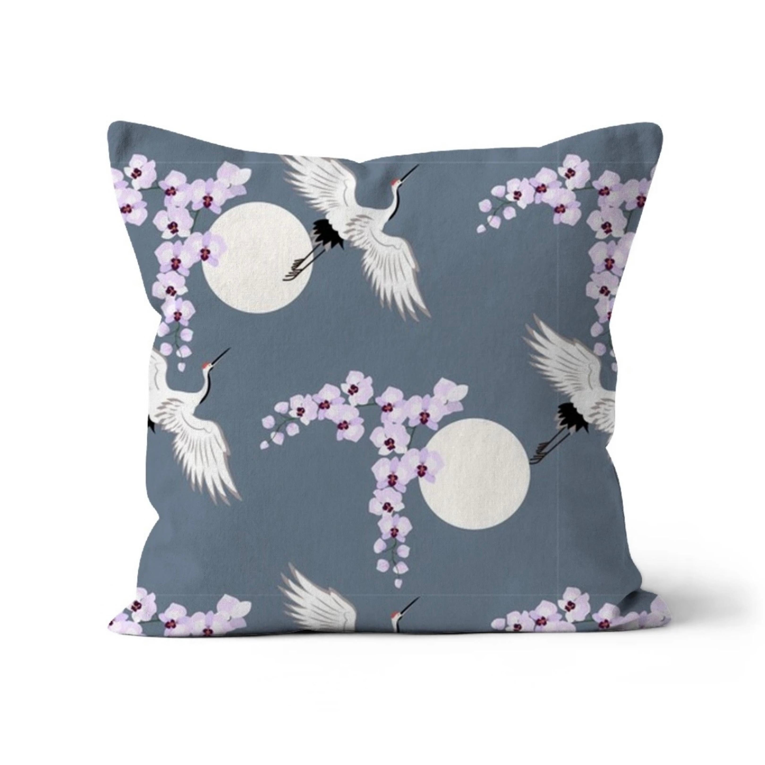 Japanese Kimono Print with Flying Cranes in a Glorious Grey Background Print Cushion and Pad