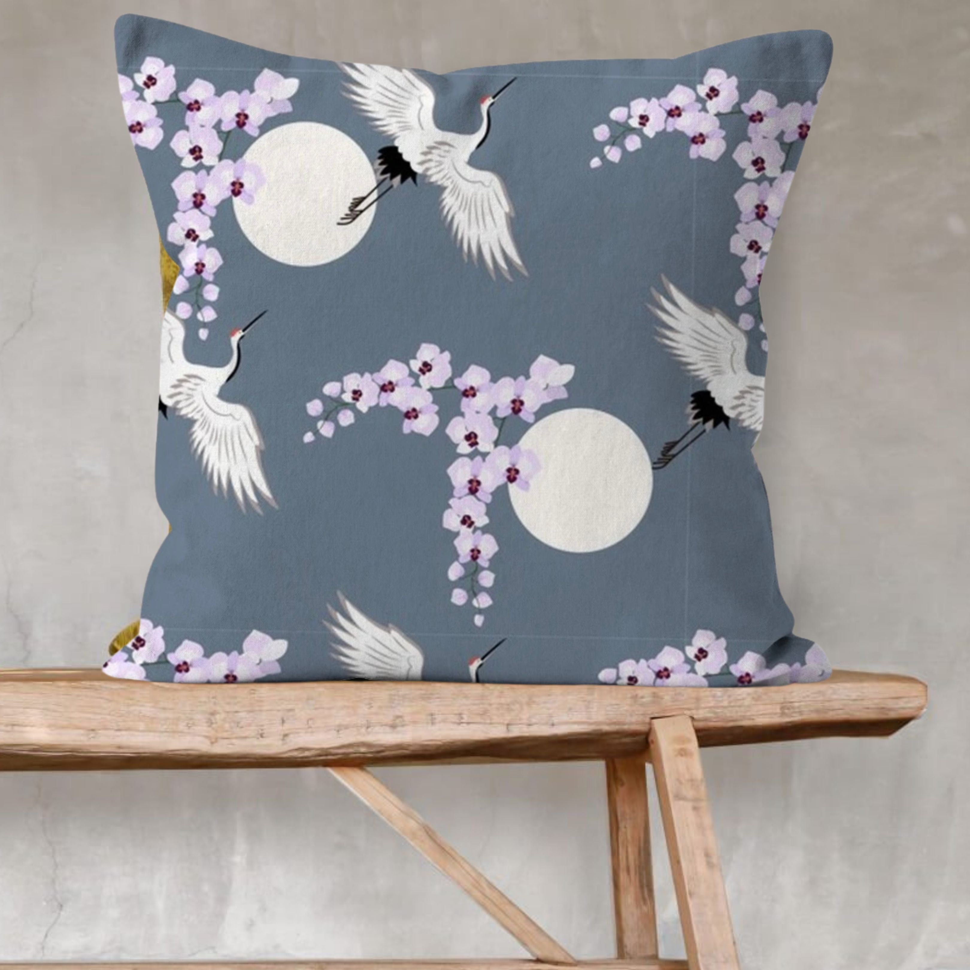 Japanese Kimono Print with Flying Cranes in a Glorious Grey Background Print Cushion and Pad