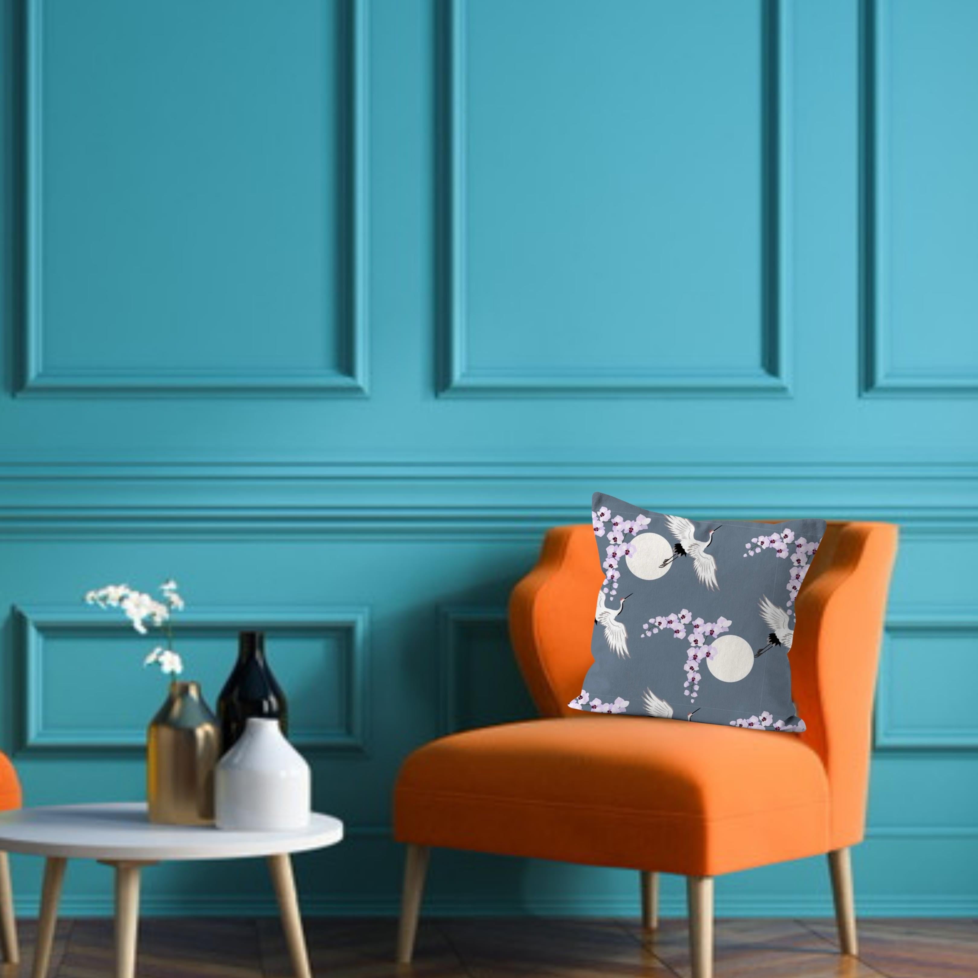 Japanese Kimono Print with Flying Cranes in a Glorious Grey Background Print Cushion and Pad