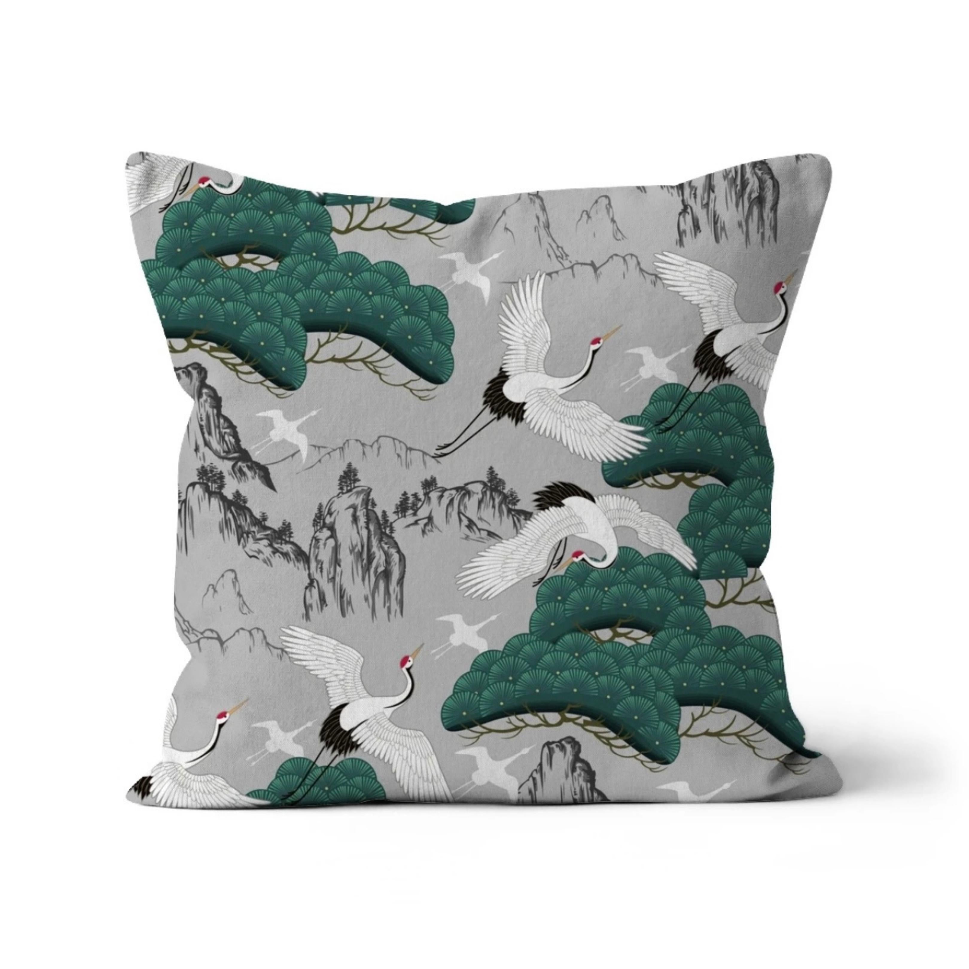 Japanese Kimono Print with Flying Cranes and Green Pine Trees in a Beautiful Grey Background Print Cushion and Pad