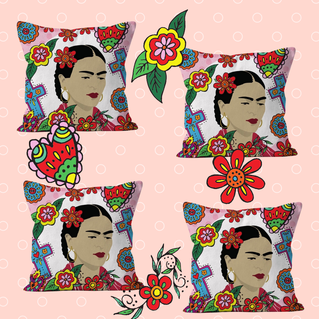 Frida Kahlo Print Surrounded by Mexican Folk Art Cushion
