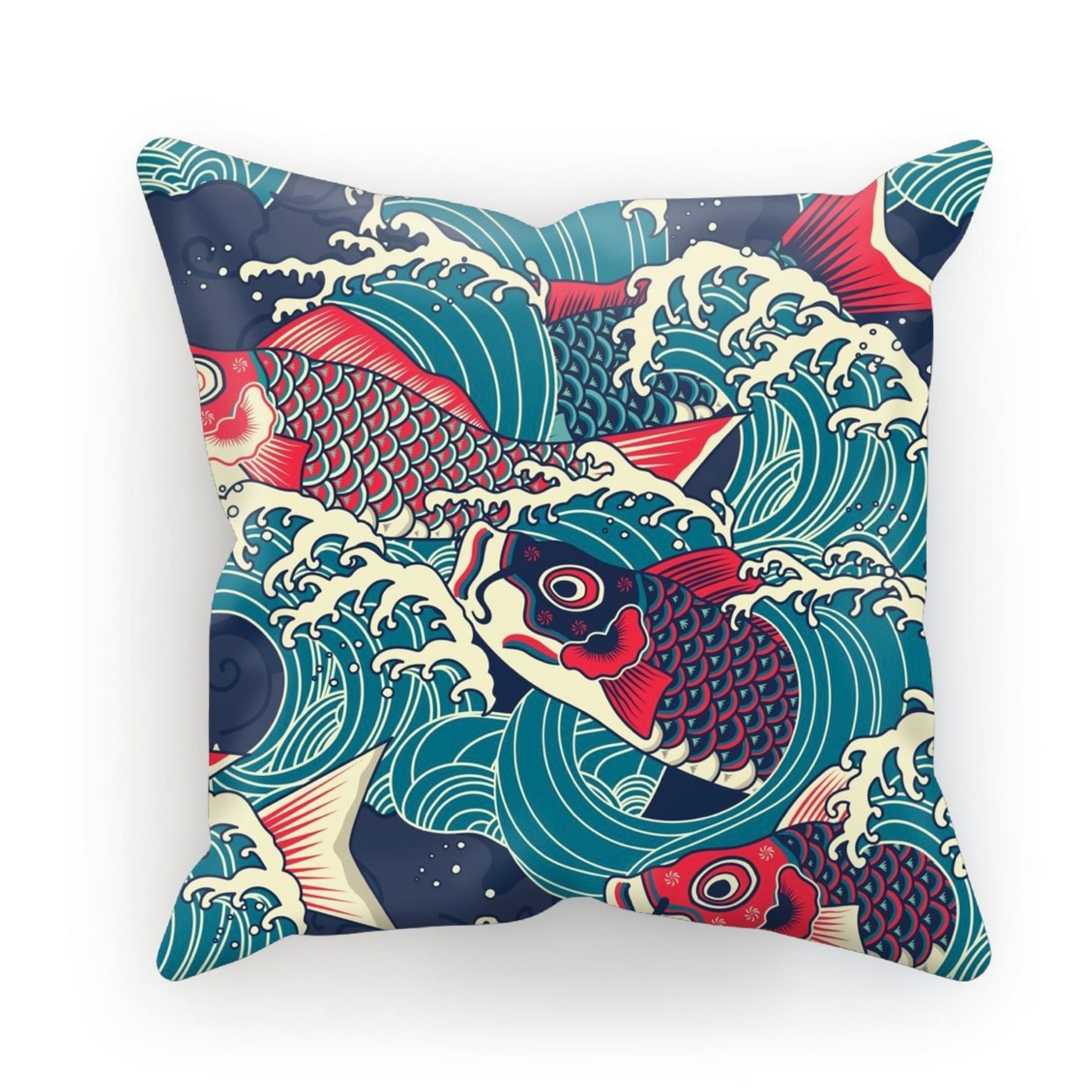 Dramatic Rich Dark Red and Blue Koi Carp Swimming up Through Crashing Waves Single-Sided Printed  Cushion Cover and Pad