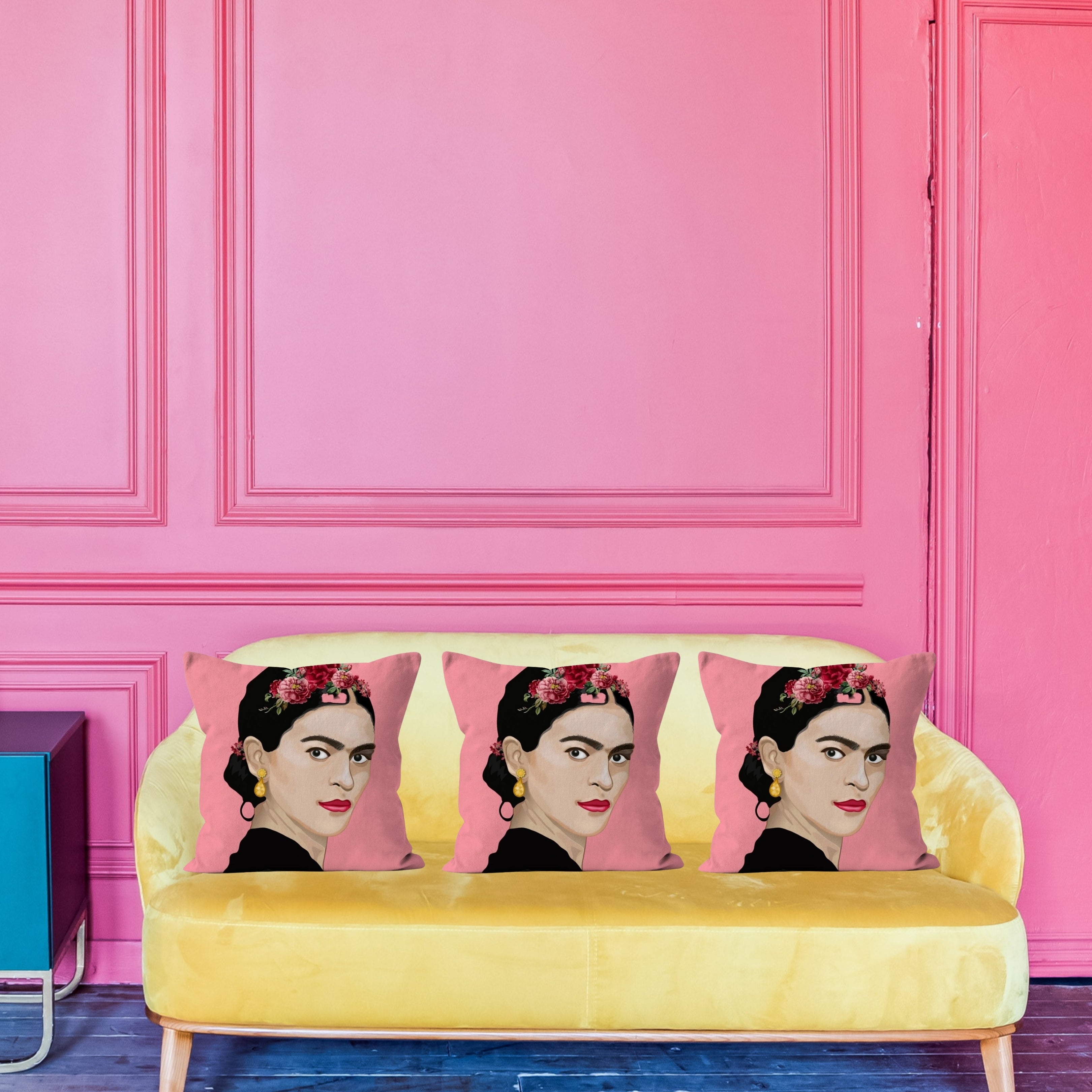 Frida Kahlo Illustration with Gorgeously Pink Background Print Cushion and Pad