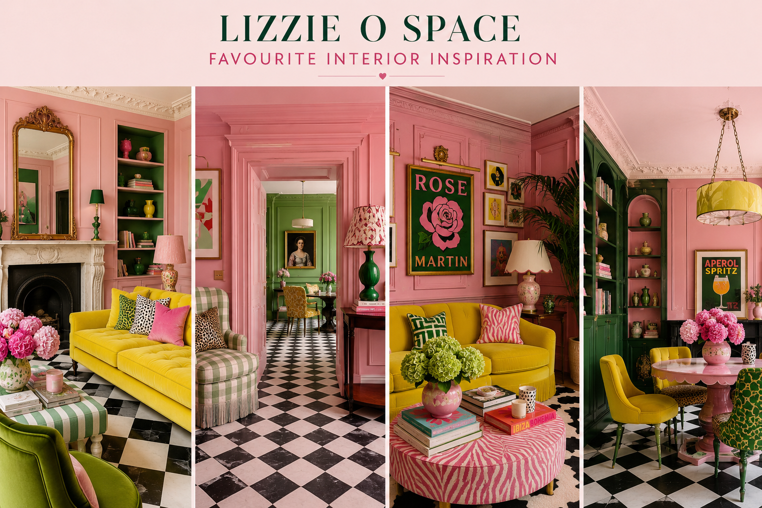 Colourful Lizzie O Space interiors collage featuring pale pink Georgian panelled rooms, mint green shelving, acid yellow furniture, black and white tiled floors and maximalist styling