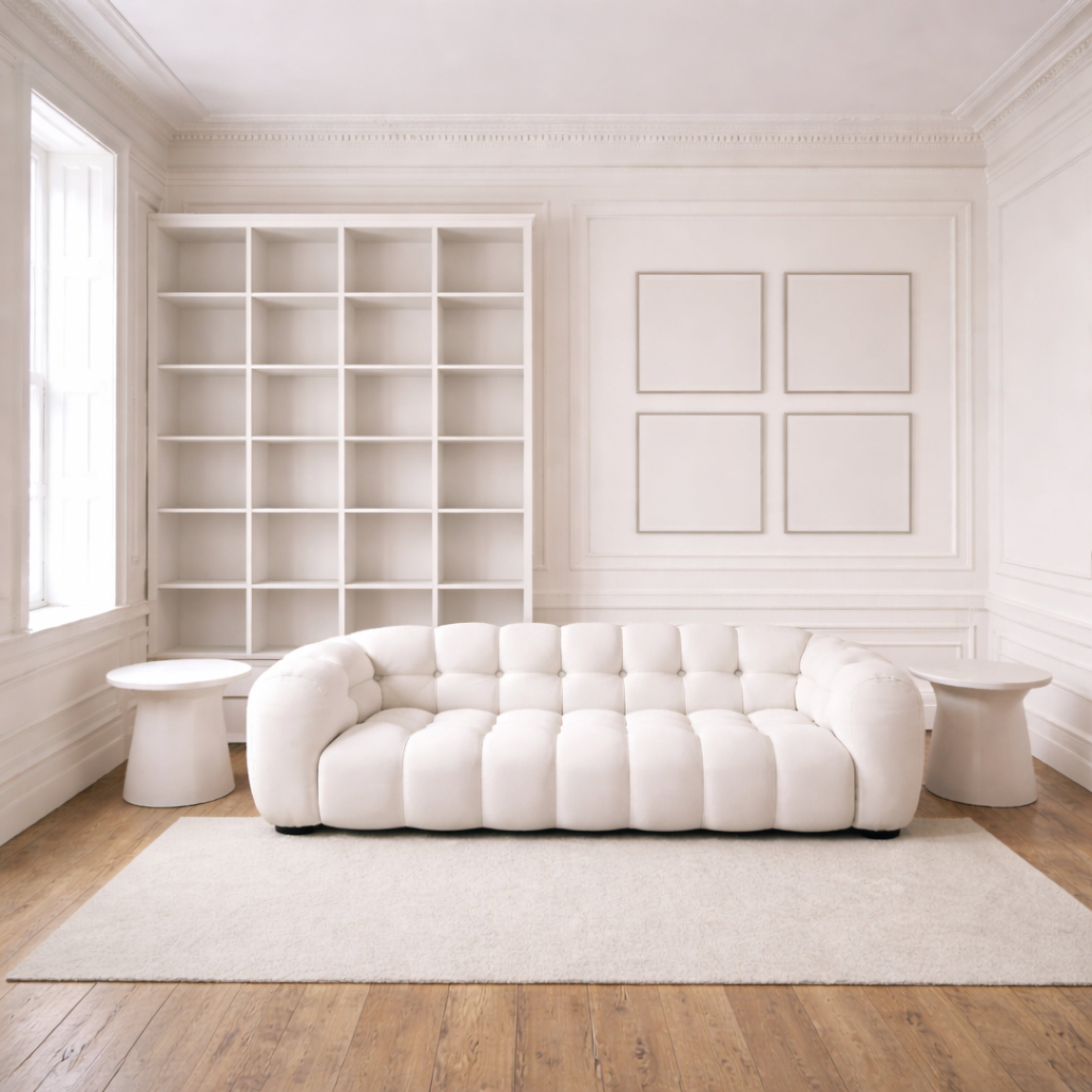 Bright neutral living room with white panelled walls, a cream sofa, empty white bookcase and pale rug, ready to be transformed with colourful maximalist decor.