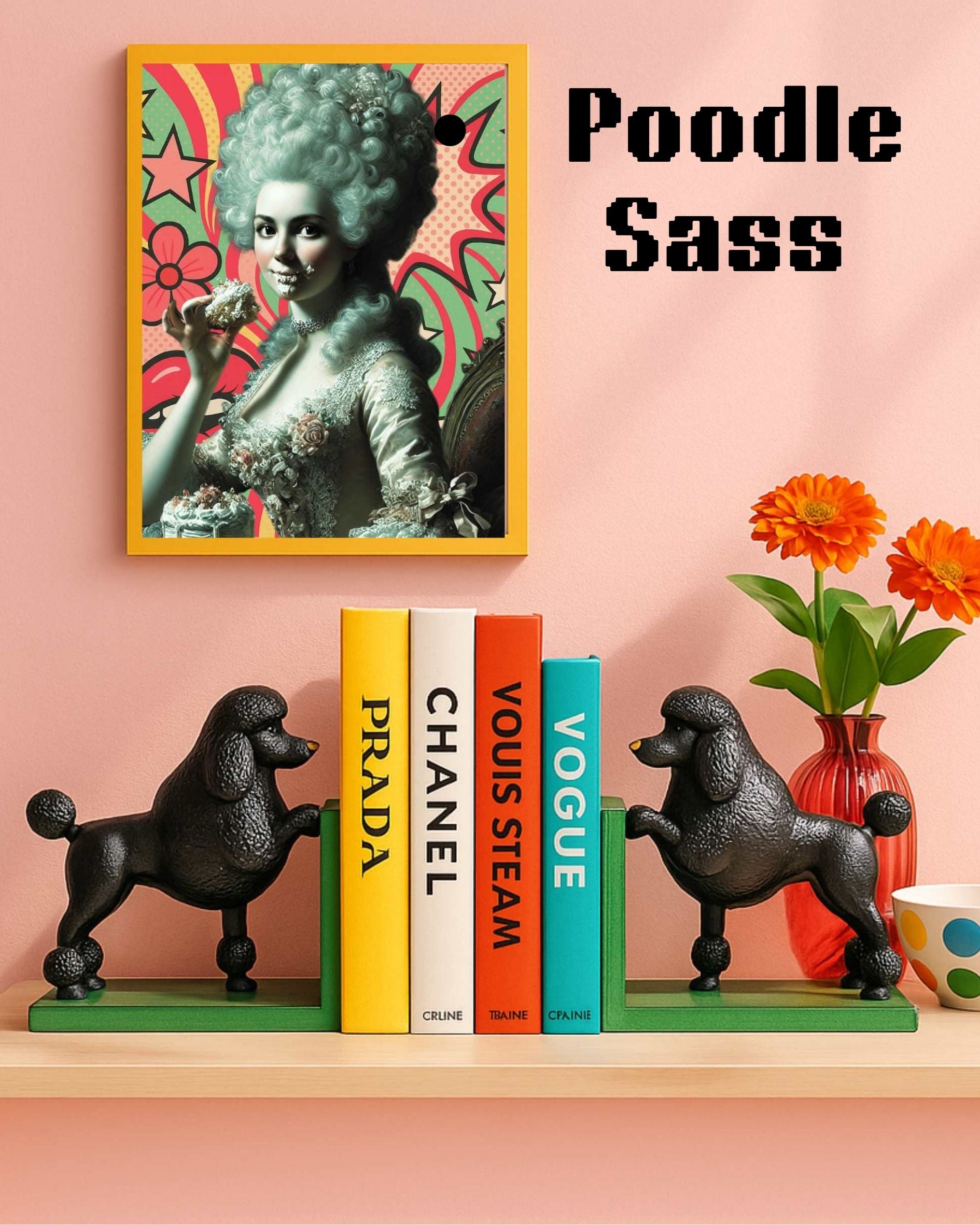 Cast-iron black poodle bookends holding colourful fashion books on a pink shelf with a vintage portrait and flowers