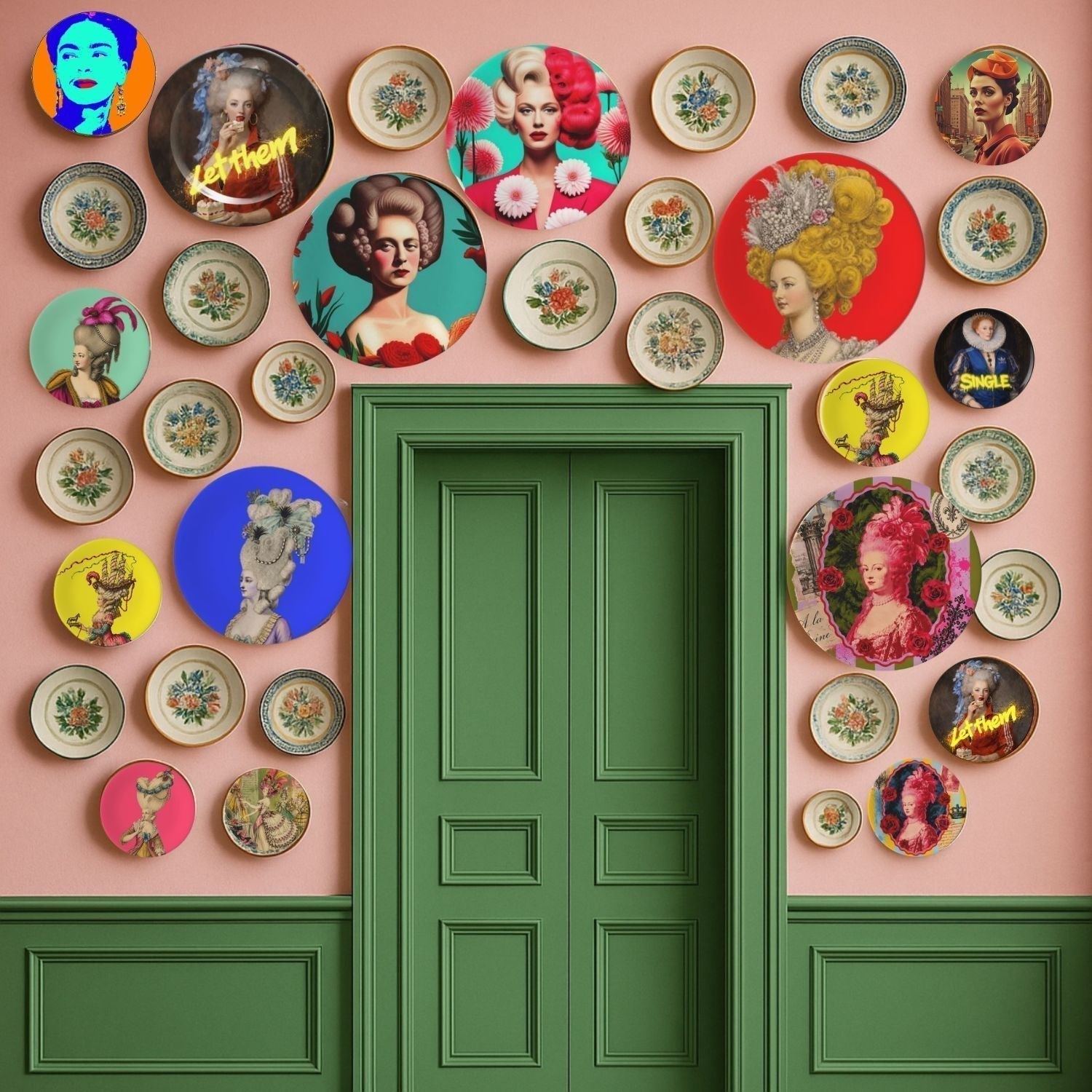 Decorative wall plates displayed in a gallery wall arrangement around a green panelled door, showcasing colourful ceramic plates in a maximalist and eclectic interior.