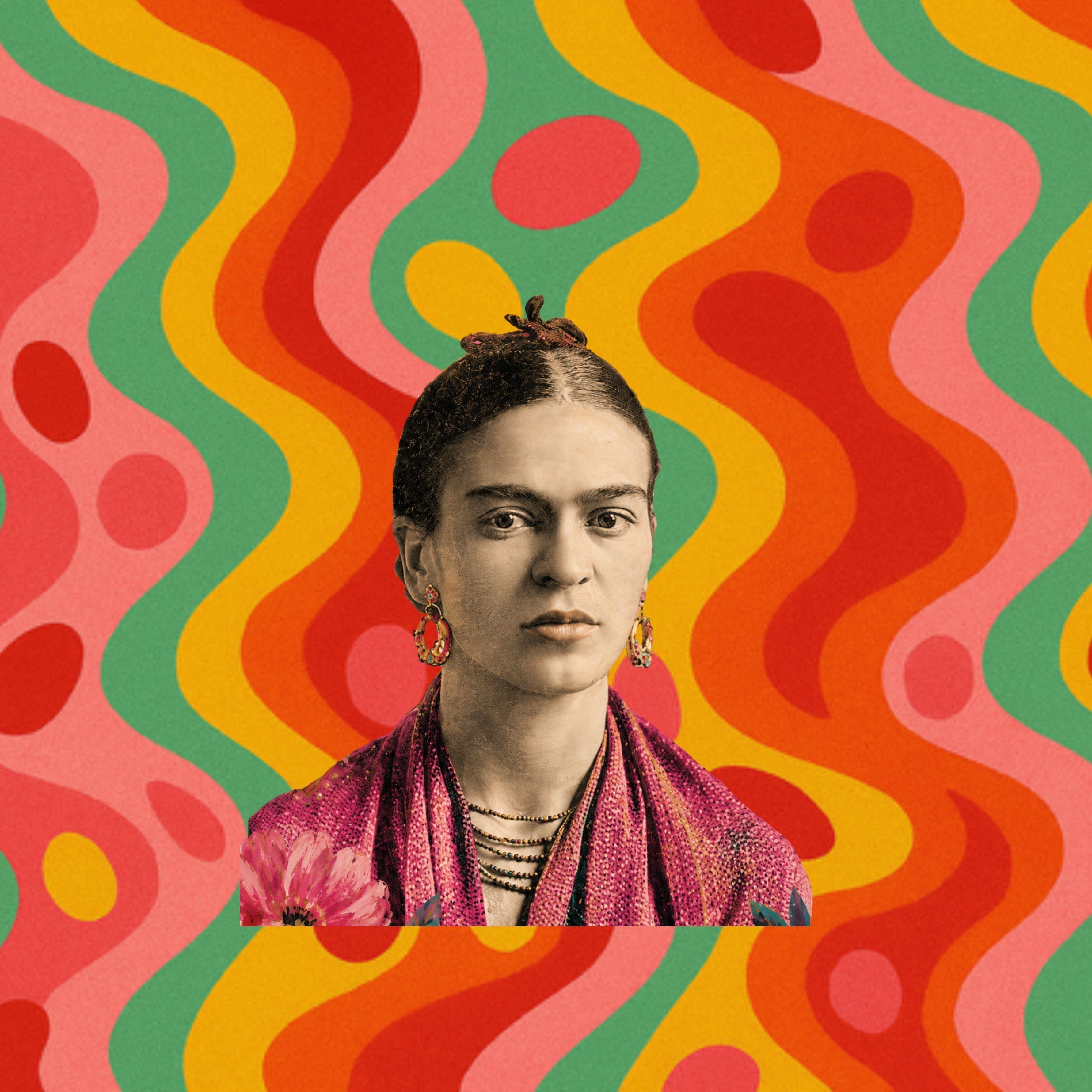 Colourful Frida Kahlo inspired artwork by Lizzie Onion's Emporium, featuring a portrait inspired by a public domain photograph by Guillermo Kahlo against a vibrant pink, orange, yellow and green retro patterned background.