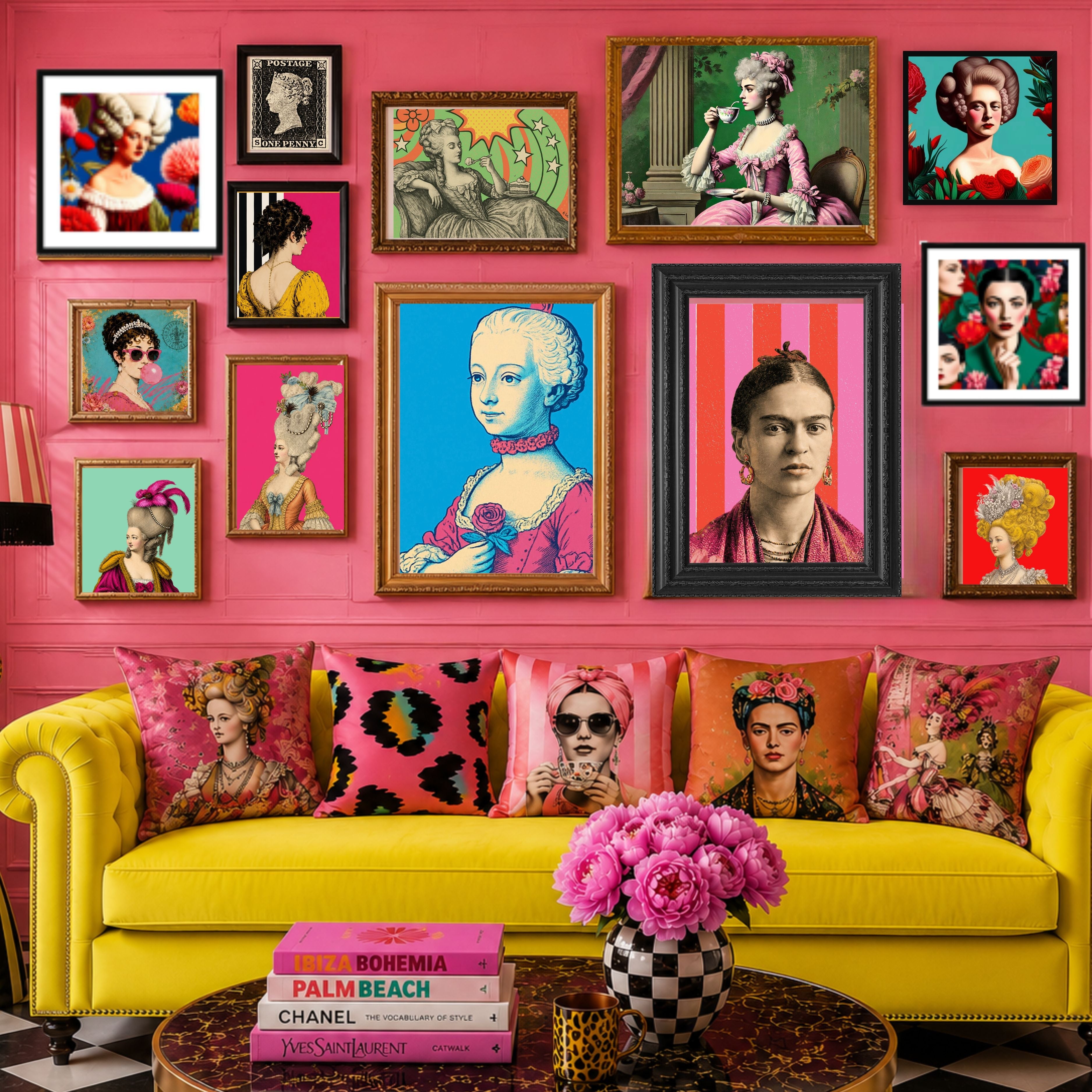 Maximalist wall art collection featuring colourful framed art prints by Lizzie Onion's Emporium displayed in a vibrant gallery wall above an acid yellow sofa.