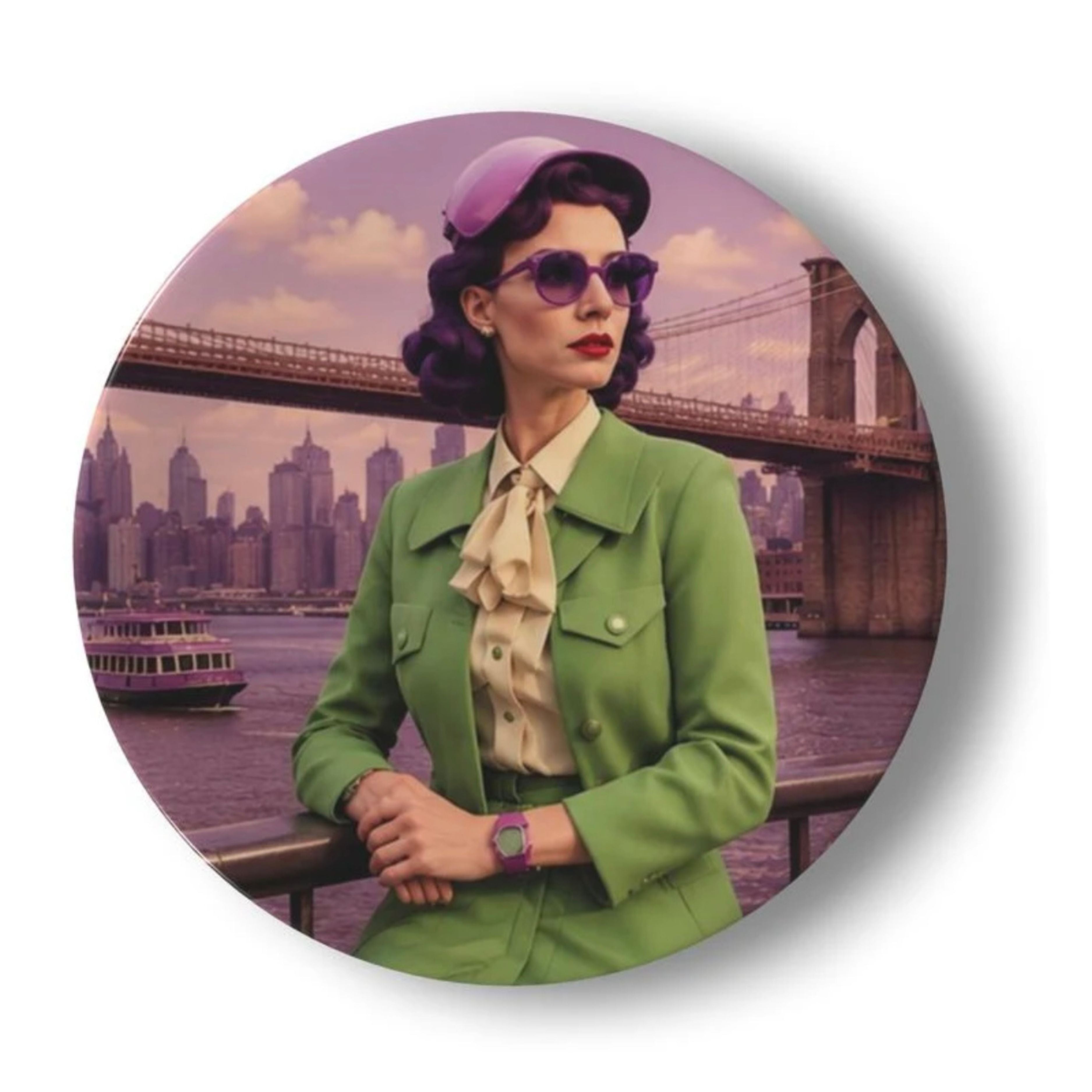 Arabella Takes Manhattan: Brooklyn at Dusk decorative ceramic plate featuring a glamorous vintage-inspired woman in a green tailored suit standing beside the Brooklyn Bridge, with soft violet skies, the Manhattan skyline and elegant 1950s New York styling.