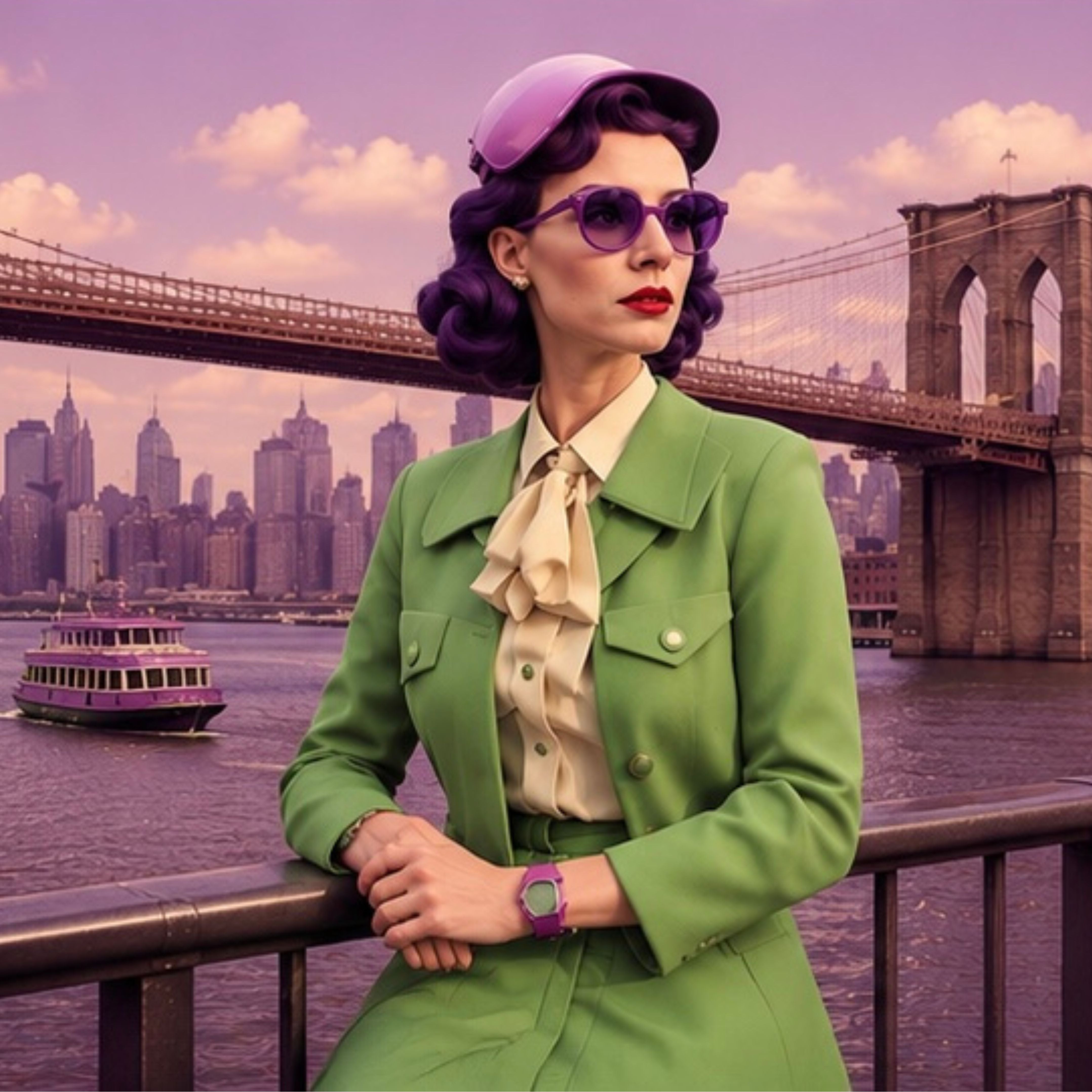 Arabella Takes Manhattan: Brooklyn at Dusk lifestyle image featuring a glamorous vintage-inspired woman in a green tailored suit standing beside the Brooklyn Bridge with the Manhattan skyline behind her, styled in rich violet and green tones with elegant 1950s New York fashion inspiration.