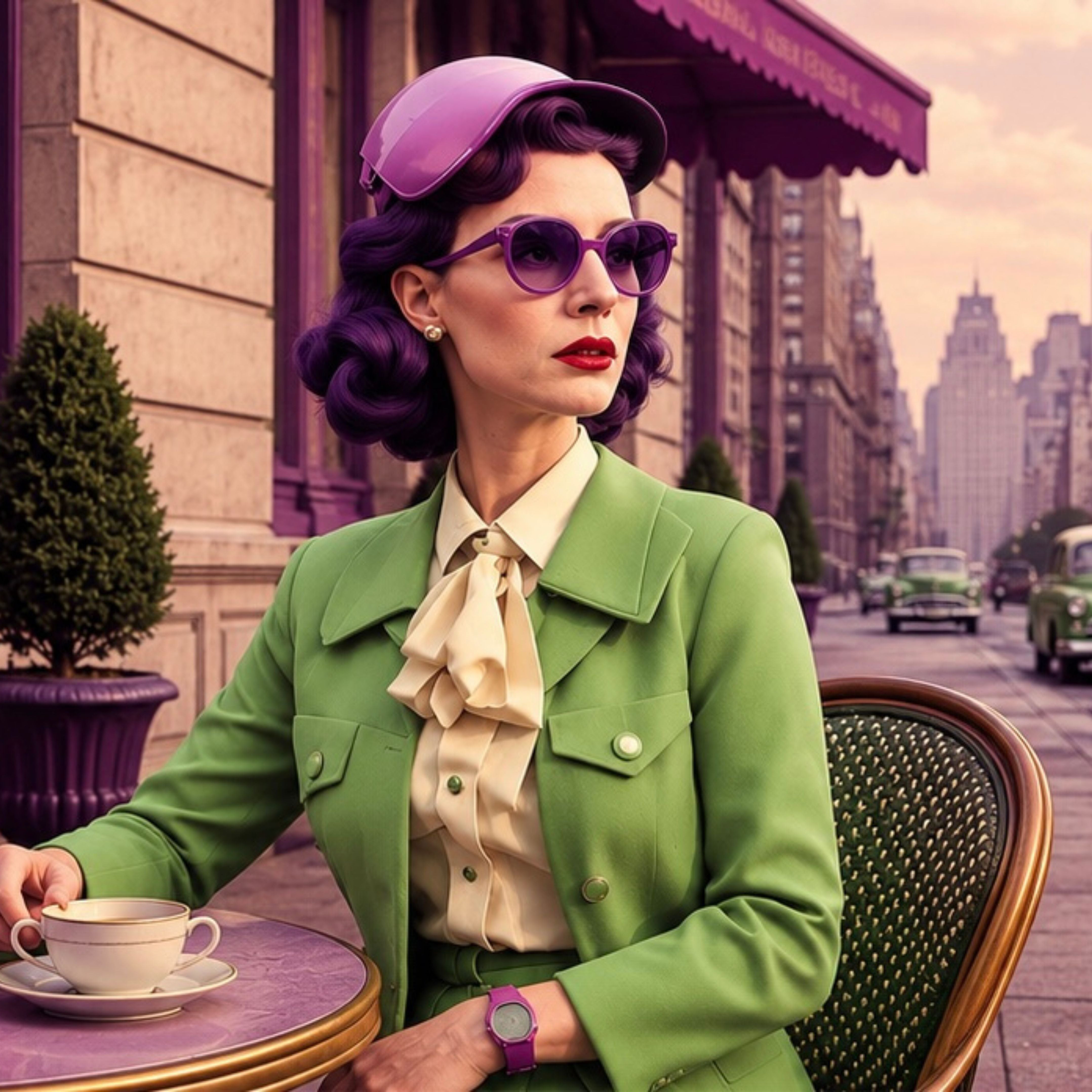 Arabella Takes Manhattan: Coffee on Madison Avenue lifestyle image featuring a glamorous vintage-inspired woman in a green tailored suit seated at a New York café table with coffee, surrounded by soft violet city tones and elegant 1950s Manhattan styling.