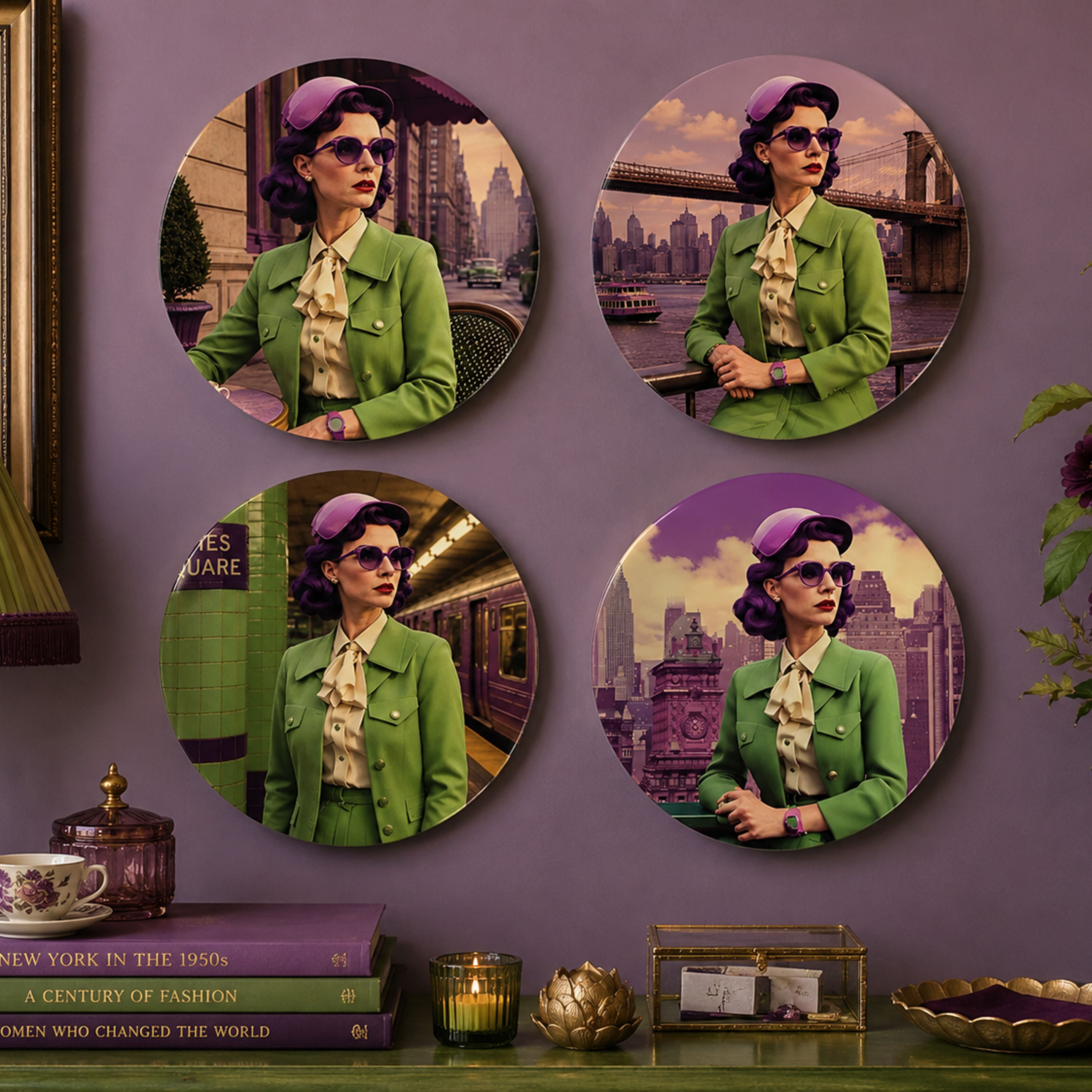 Arabella Takes Manhattan decorative plate collection displayed as a gallery wall featuring four vintage-inspired New York scenes, including Coffee on Madison Avenue, Brooklyn at Dusk, Arrival at Times Square and Violet Skyline, styled in a maximalist interior with rich purple and green tones.