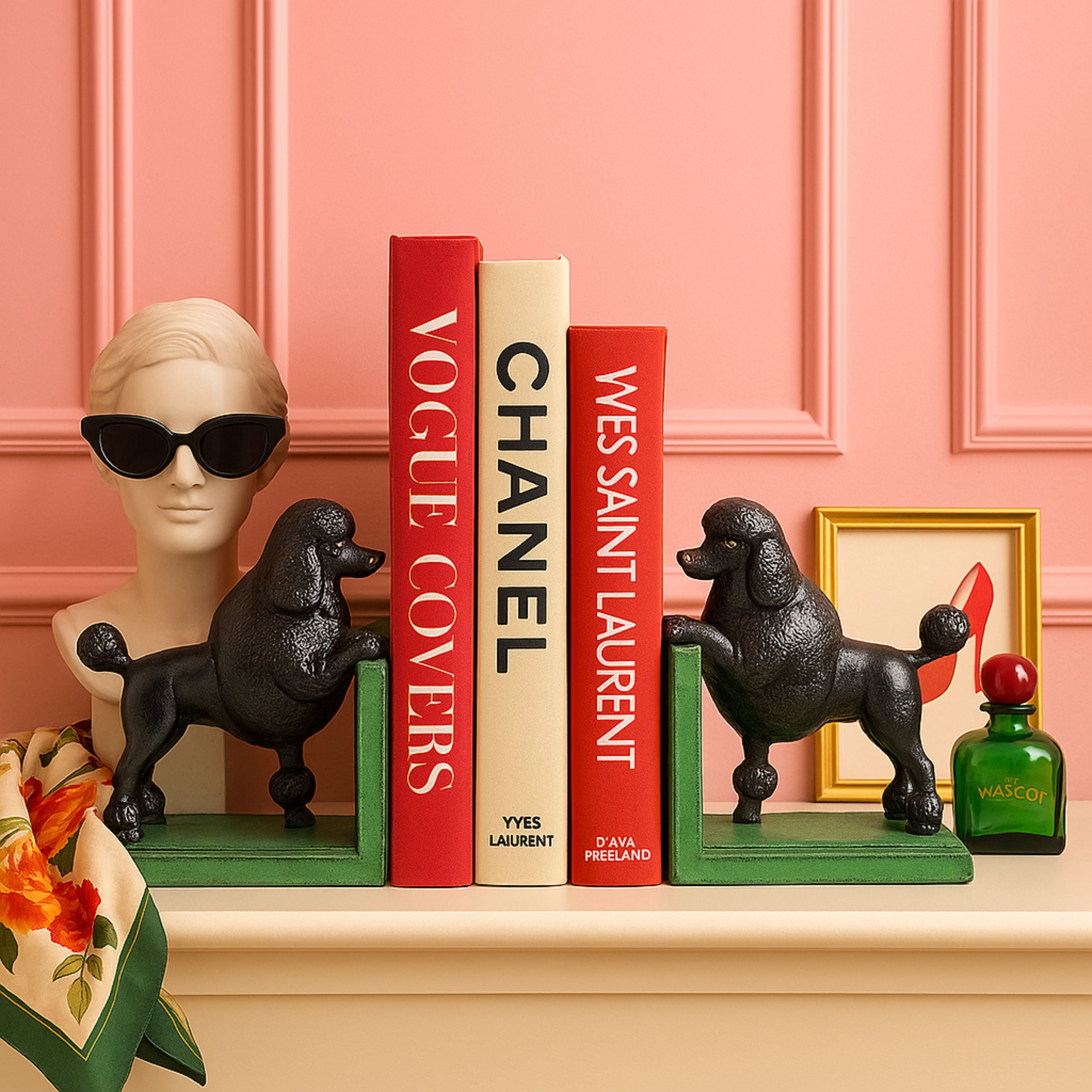 Black cast iron poodle bookends displayed on a shelf with fashion books and quirky décor, including a mannequin head with sunglasses, against a pink panelled wall.