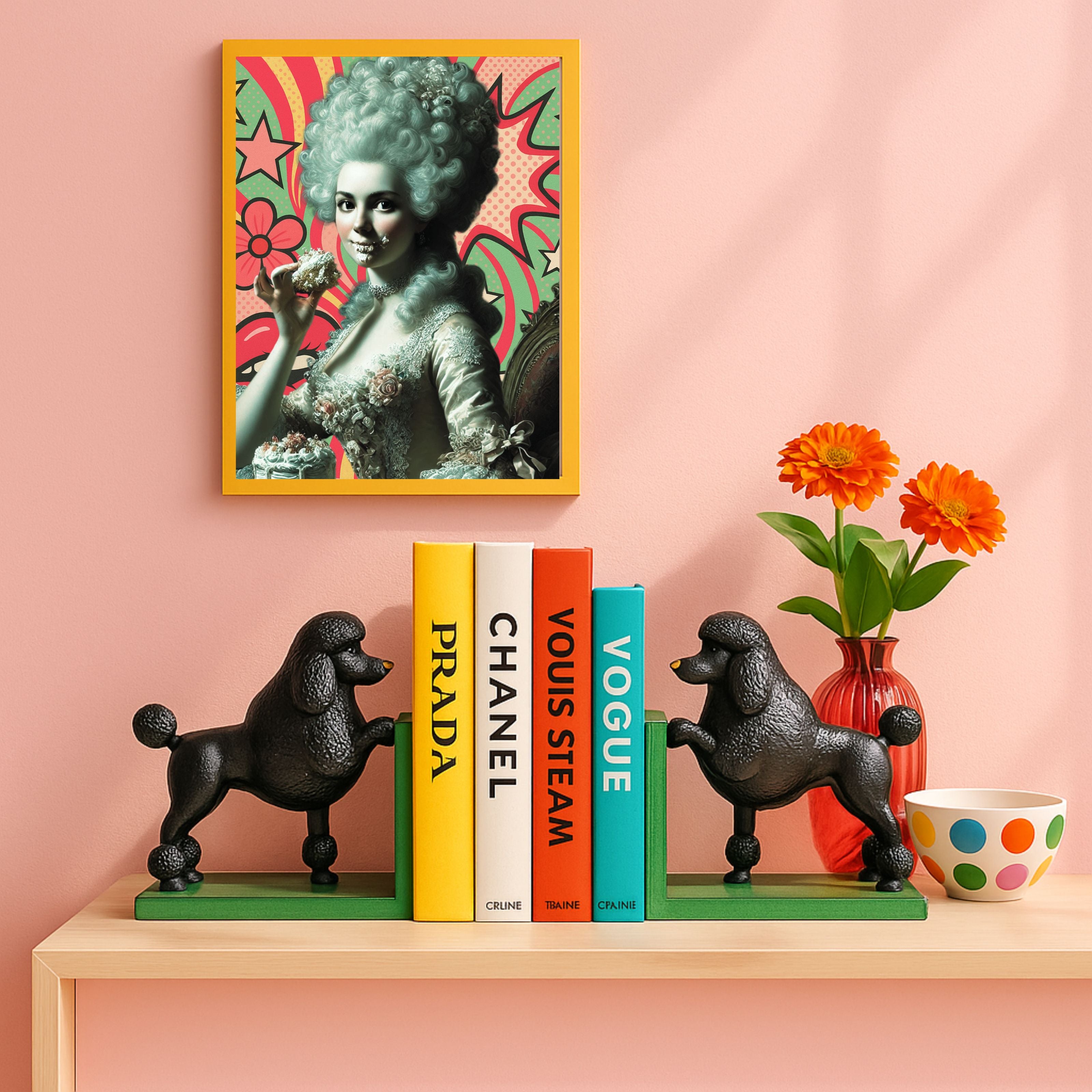 Black cast iron poodle bookends styled on a pastel pink shelf with fashion books, bright orange flowers, a polka dot mug, and a Marie Antoinette pop art portrait above.