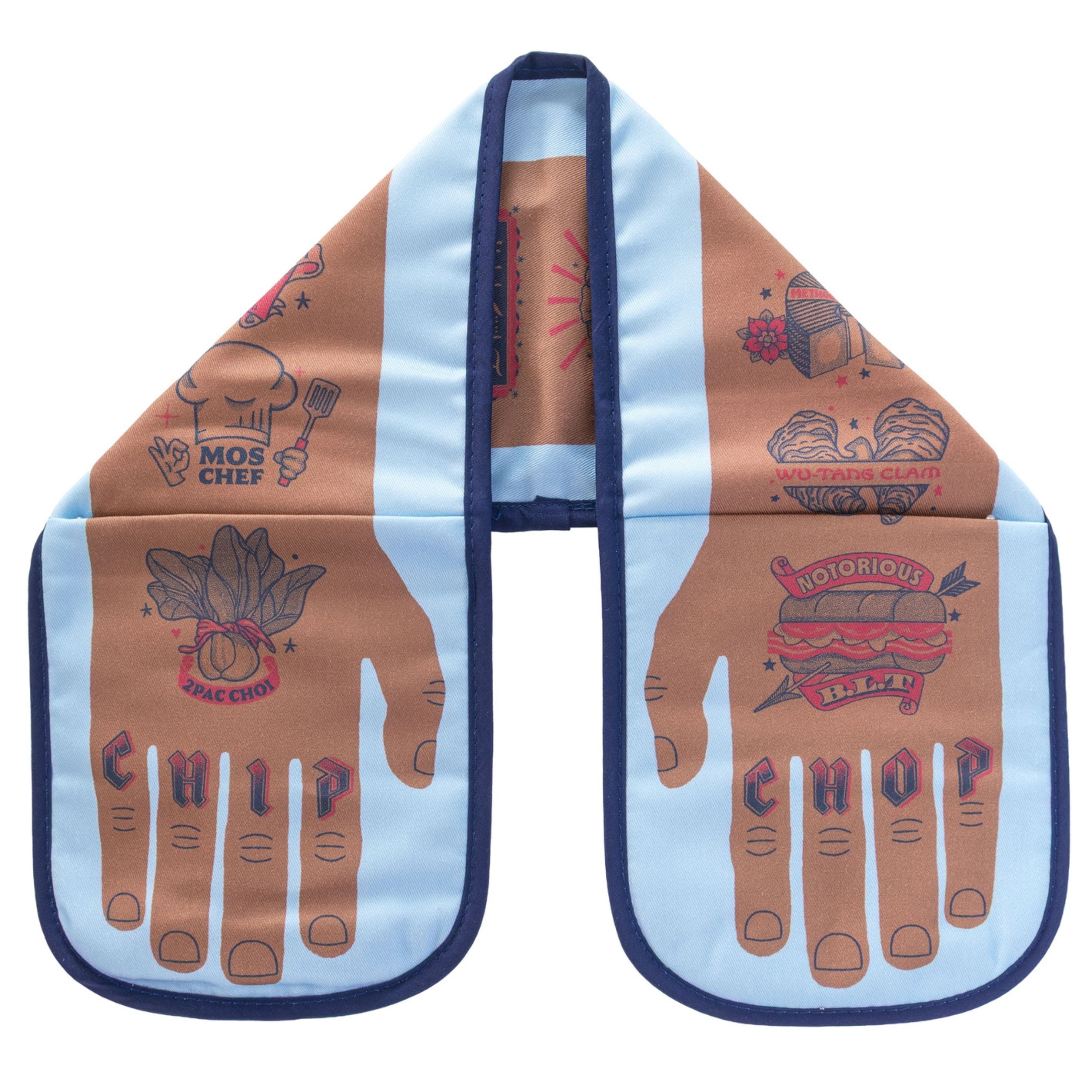 Chip Chop double oven glove with light blue panels and brown illustrated hip-hop food puns, including “CHIP” and “CHOP” on the fingertips, displayed flat on a white background.