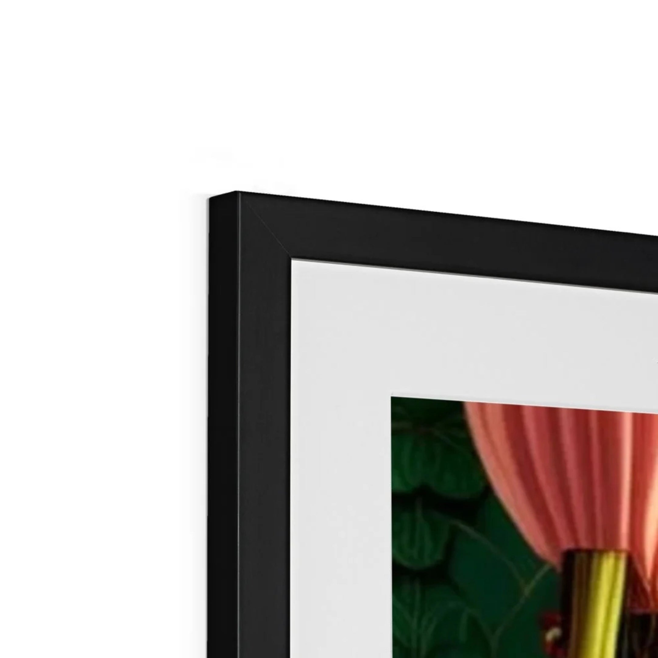 Close-up detail of the Élodie – Garden Reverie framed print, showing a black picture frame with white mount surrounding vibrant botanical artwork in rich emerald green, coral and blush pink tones.