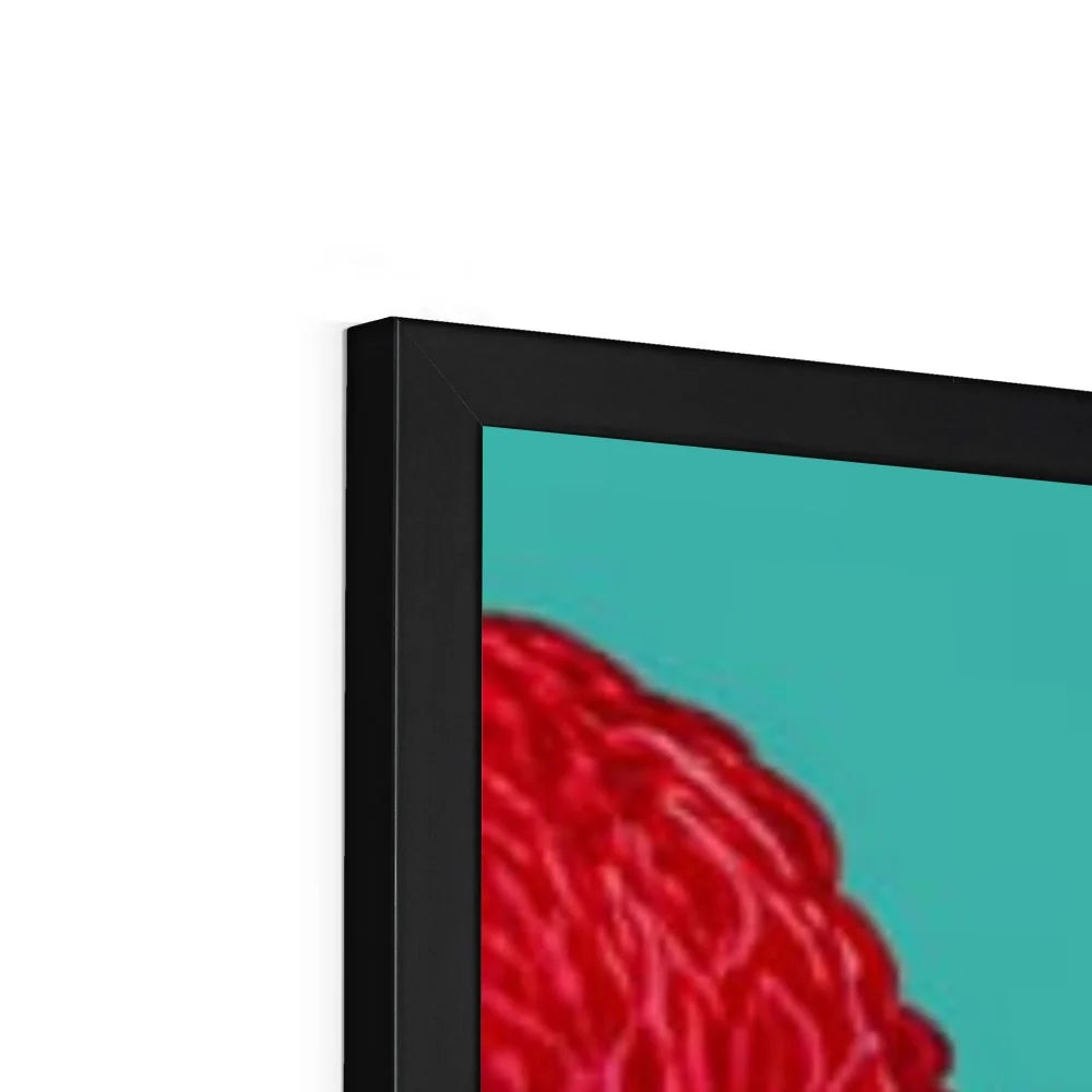 Close-up of the black frame on Margot Was Really Not Amused – Framed Print, highlighting the premium frame finish and vibrant turquoise background with bold red floral details.