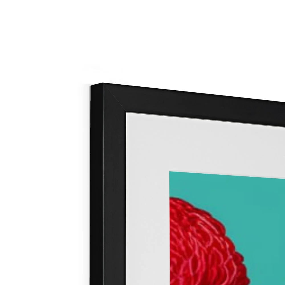 Close-up of the black frame on Margot Was Really Not Amused – Framed Print, highlighting the premium frame finish with a crisp white mount, vibrant turquoise background and bold red floral details.