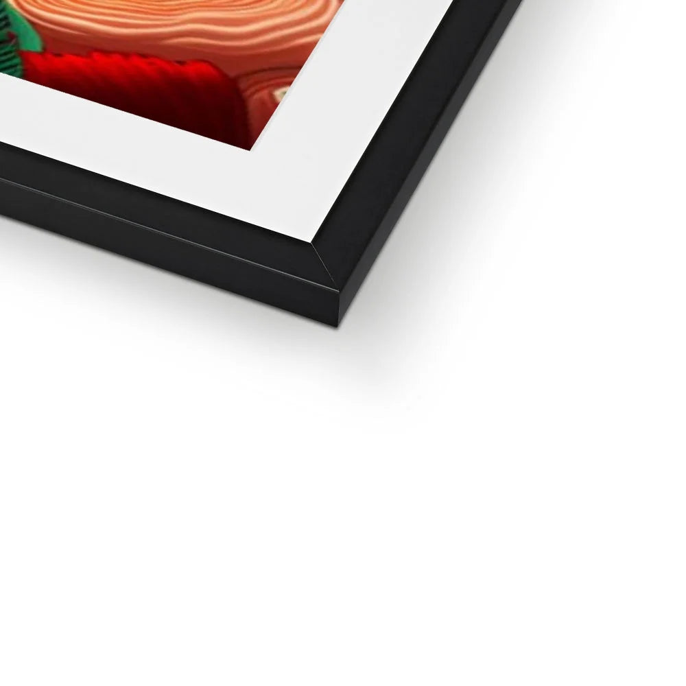 Close-up of the black frame on Margot Was Really Not Amused – Framed Print, showcasing the premium frame finish with a crisp white mount, rich red floral details and warm peach tones.