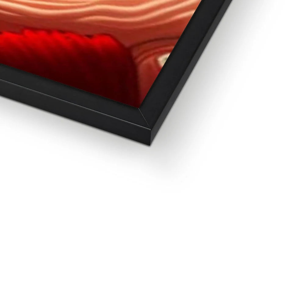 Close-up of the black frame on Margot Was Really Not Amused – Framed Print, showcasing the premium frame finish with rich red floral details and warm peach tones.