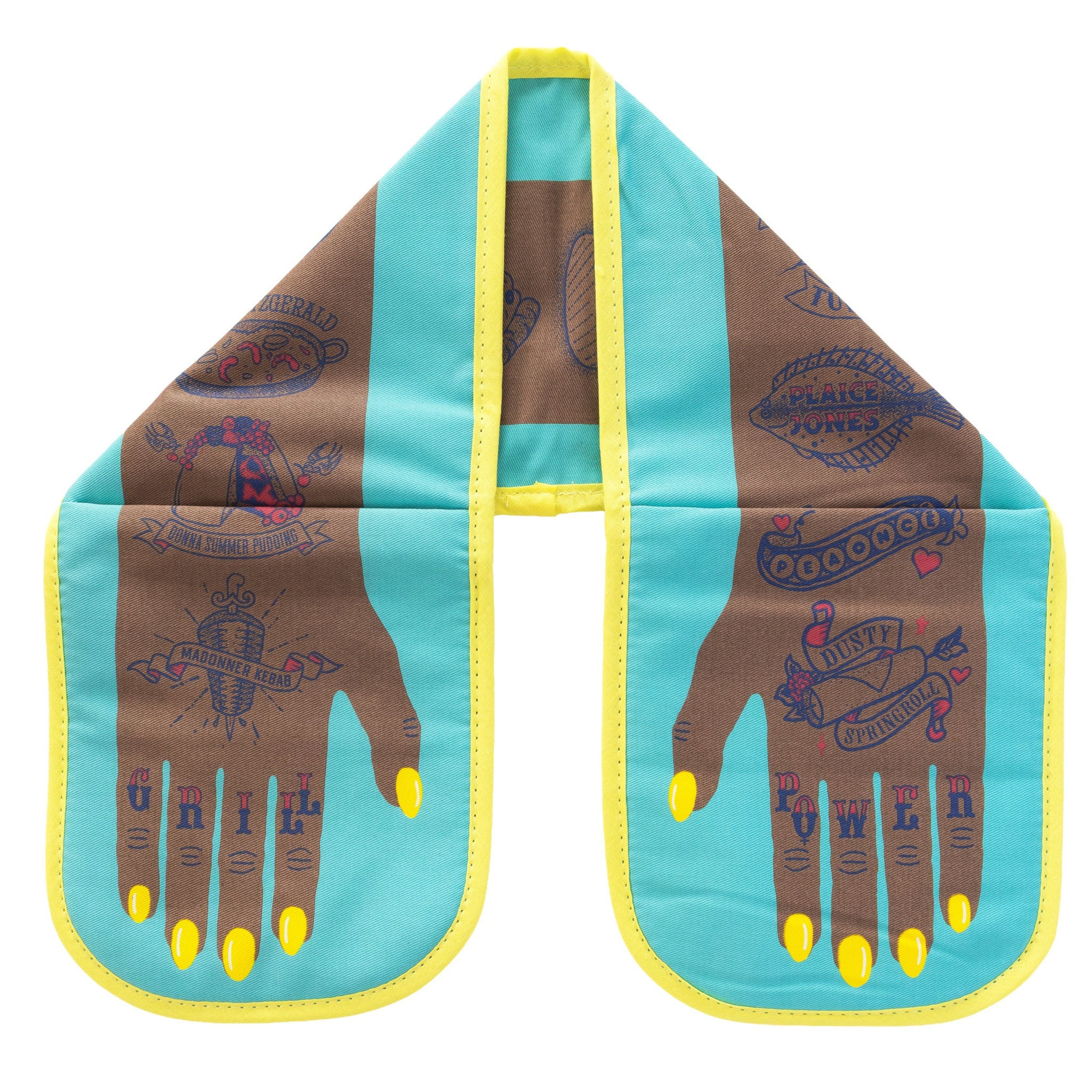 Double oven glove with illustrated tattoo-style hands and bright yellow nails, shown flat on a white background with turquoise panels and yellow edging.
