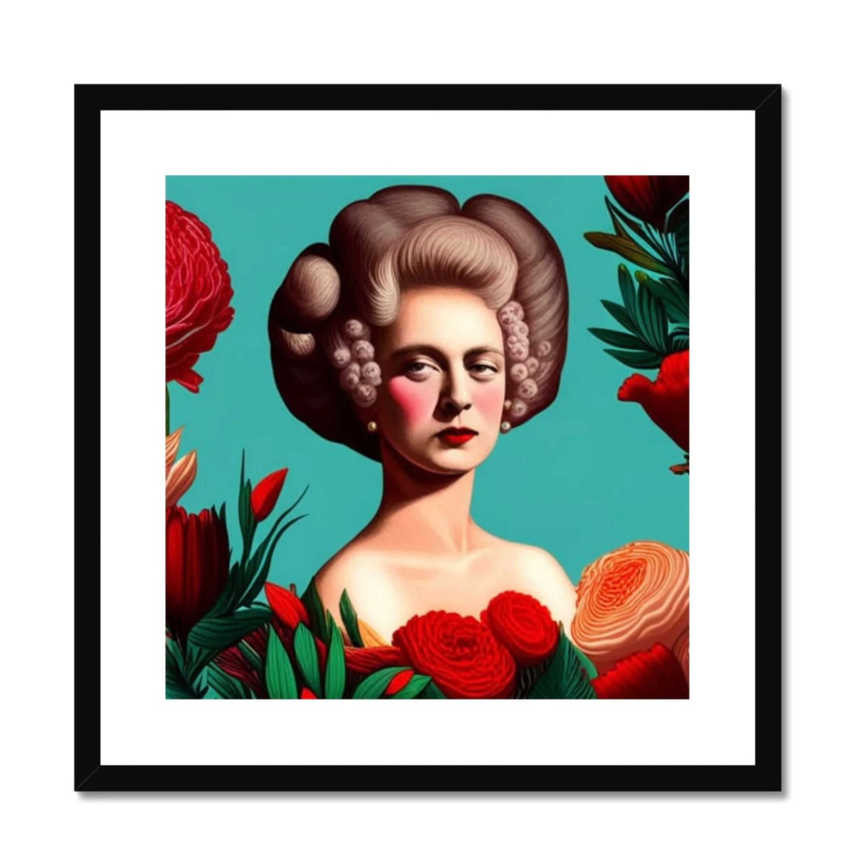 Framed art print featuring a bold Rococo-inspired female portrait with an elaborate powdered hairstyle, surrounded by vibrant red flowers against a turquoise blue background. Original Femme Forte artwork by Lizzie Onion's Emporium.