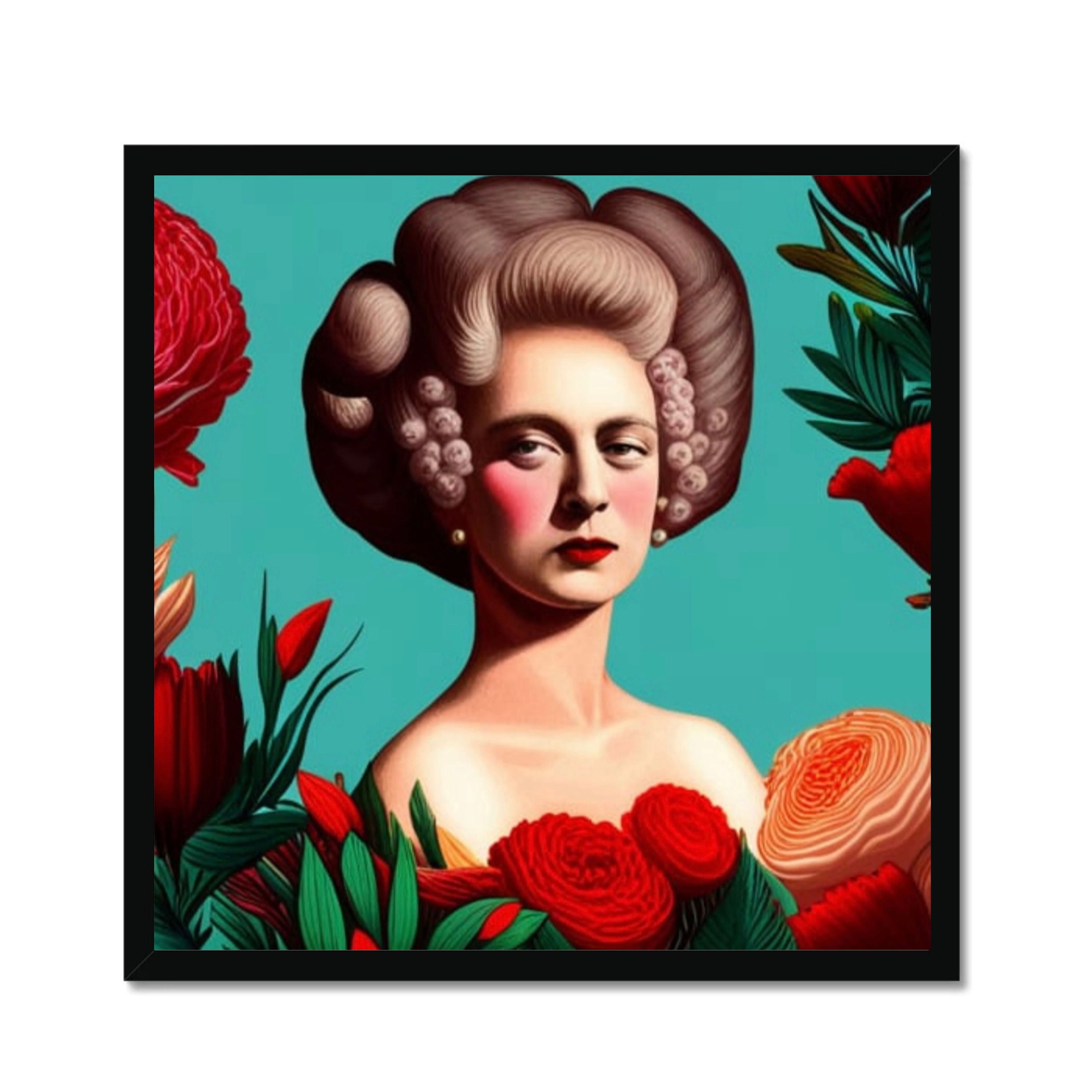 Framed fine art print featuring a bold Rococo-inspired female portrait with an elaborate powdered hairstyle, framed by vibrant red flowers against a turquoise blue background. Original Femme Forte artwork by Lizzie Onion's Emporium.