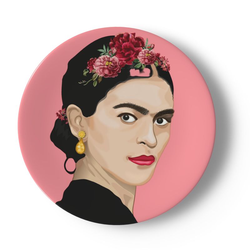 Frida Kahlo inspired illustration on a pink background, printed on a round ceramic decorative plate