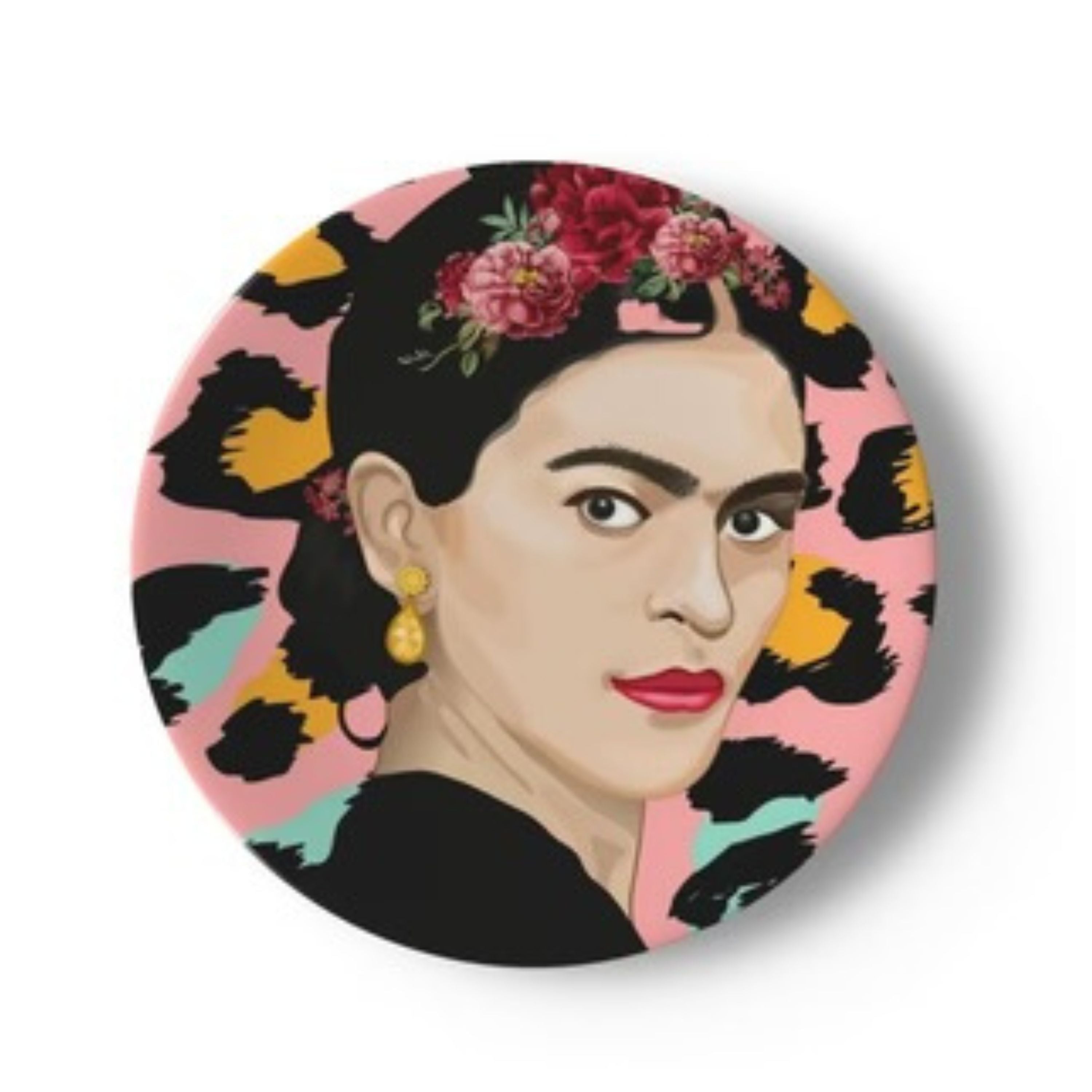 Frida Kahlo inspired illustration on a pink leopard print background, printed on a round ceramic decorative plate