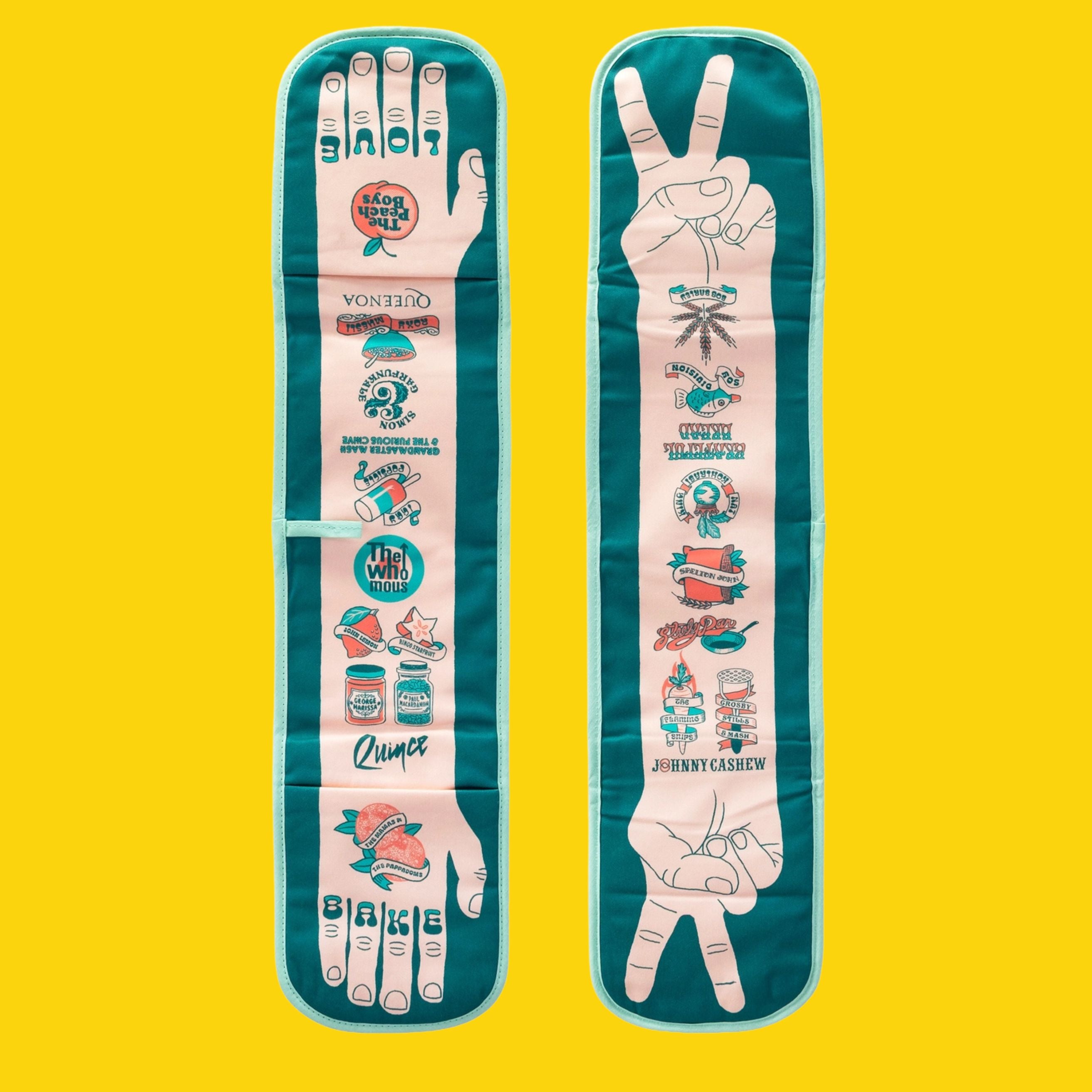 Front and back views of the Bake Love double oven glove laid flat on a bright yellow background, showing teal and peach illustrated food-and-music puns and hand designs with “BAKE” and “LOVE” on the fingertips.