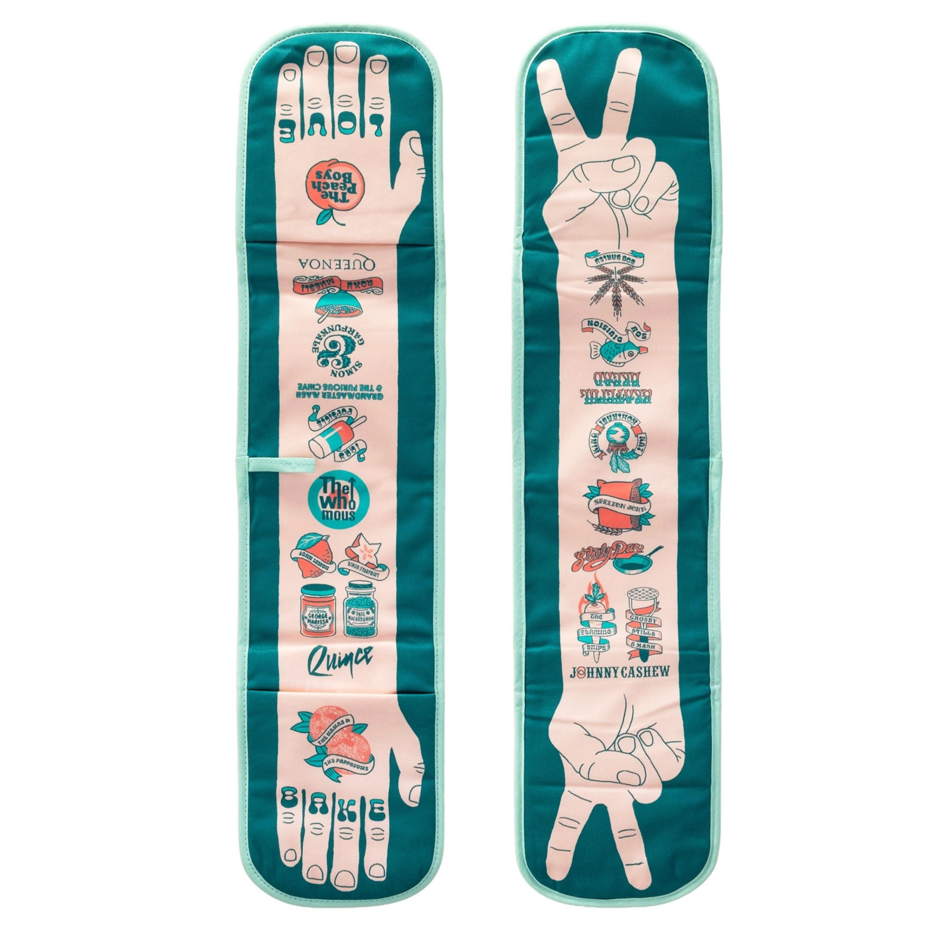 Front and back views of the Bake Love double oven glove laid flat on a white background, showing teal and peach illustrated food-and-music puns with hand designs and “BAKE” and “LOVE” on the fingertips.