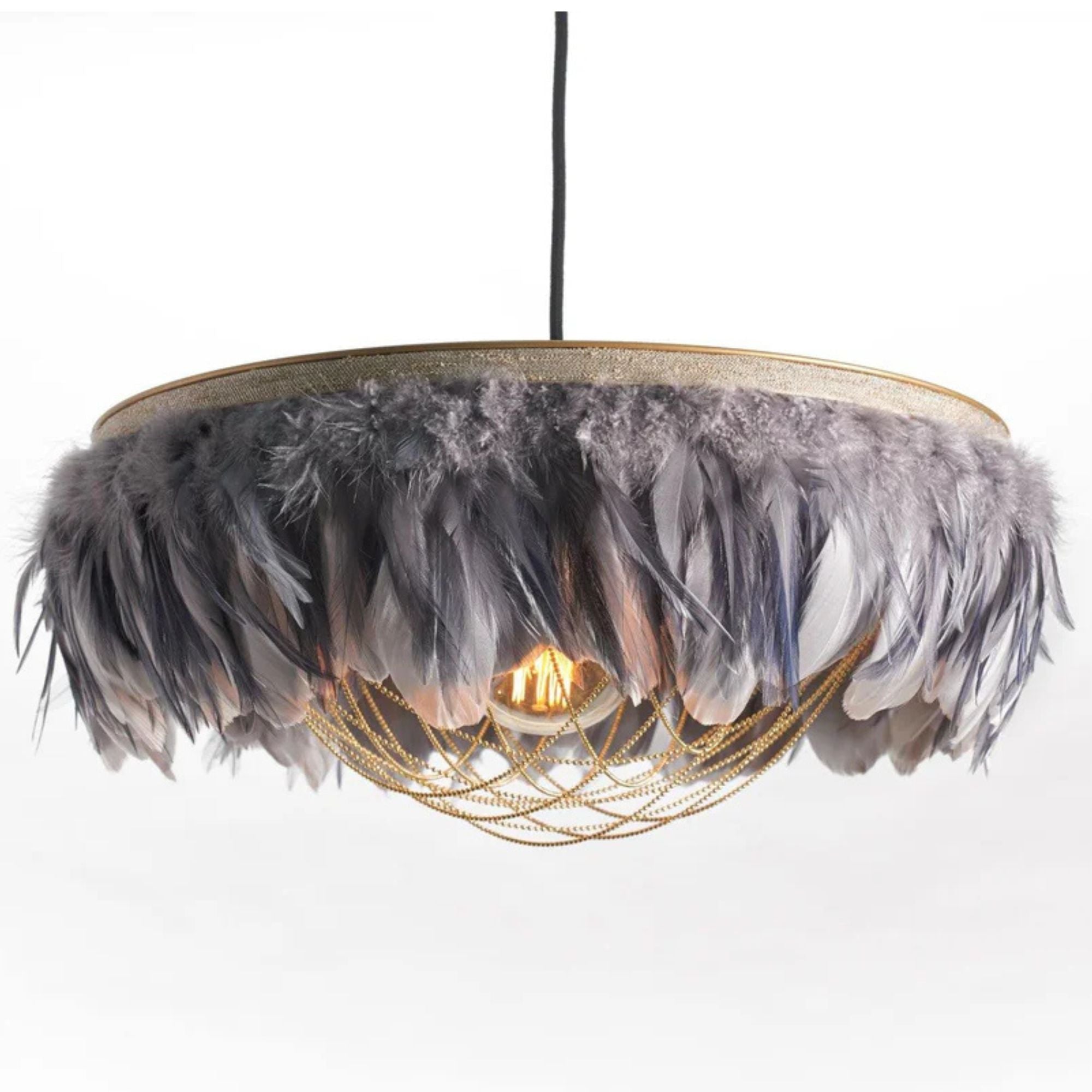 Gloria feather light shade in two-tone grey with brass ball-chain detail, suspended from a black cord against a white background