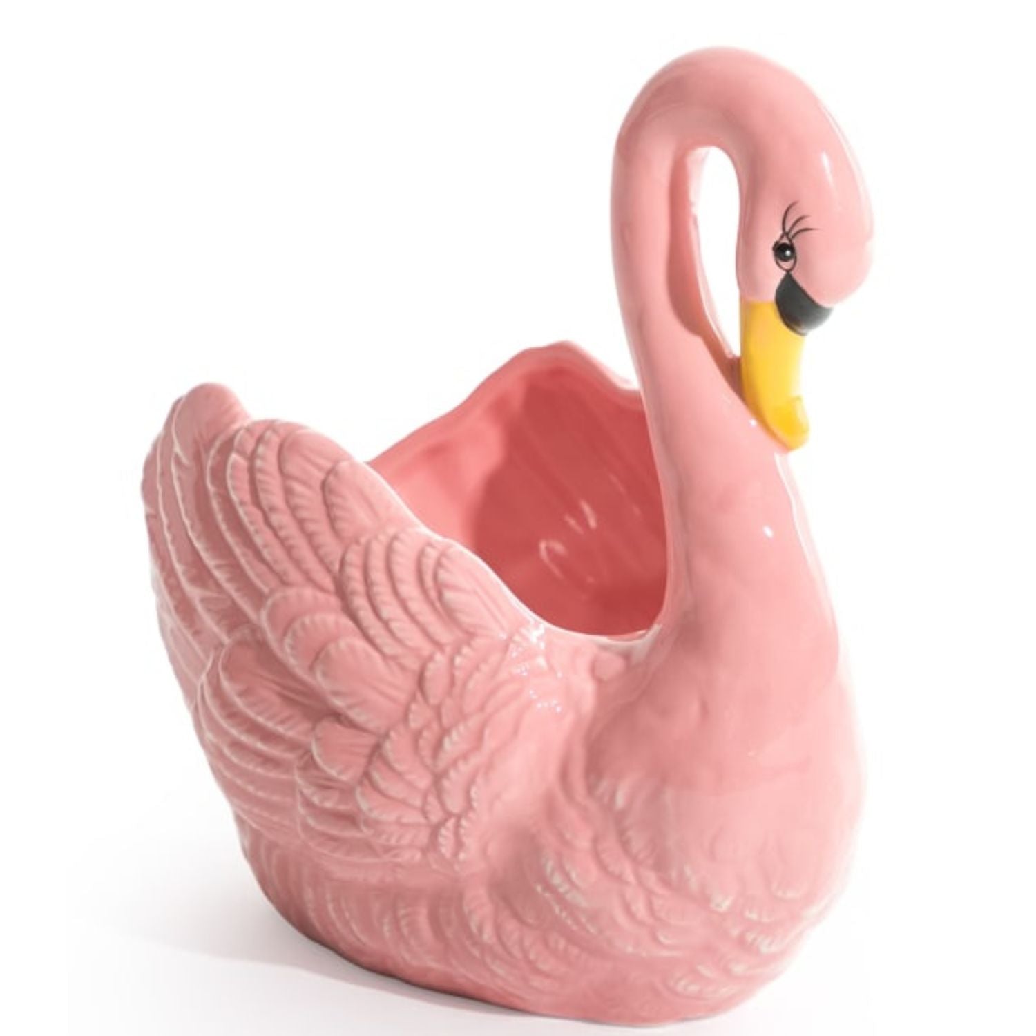 Glossy pink swan ceramic planter with yellow beak on a white background, decorative bowl by Lizzie Onion’s Emporium.